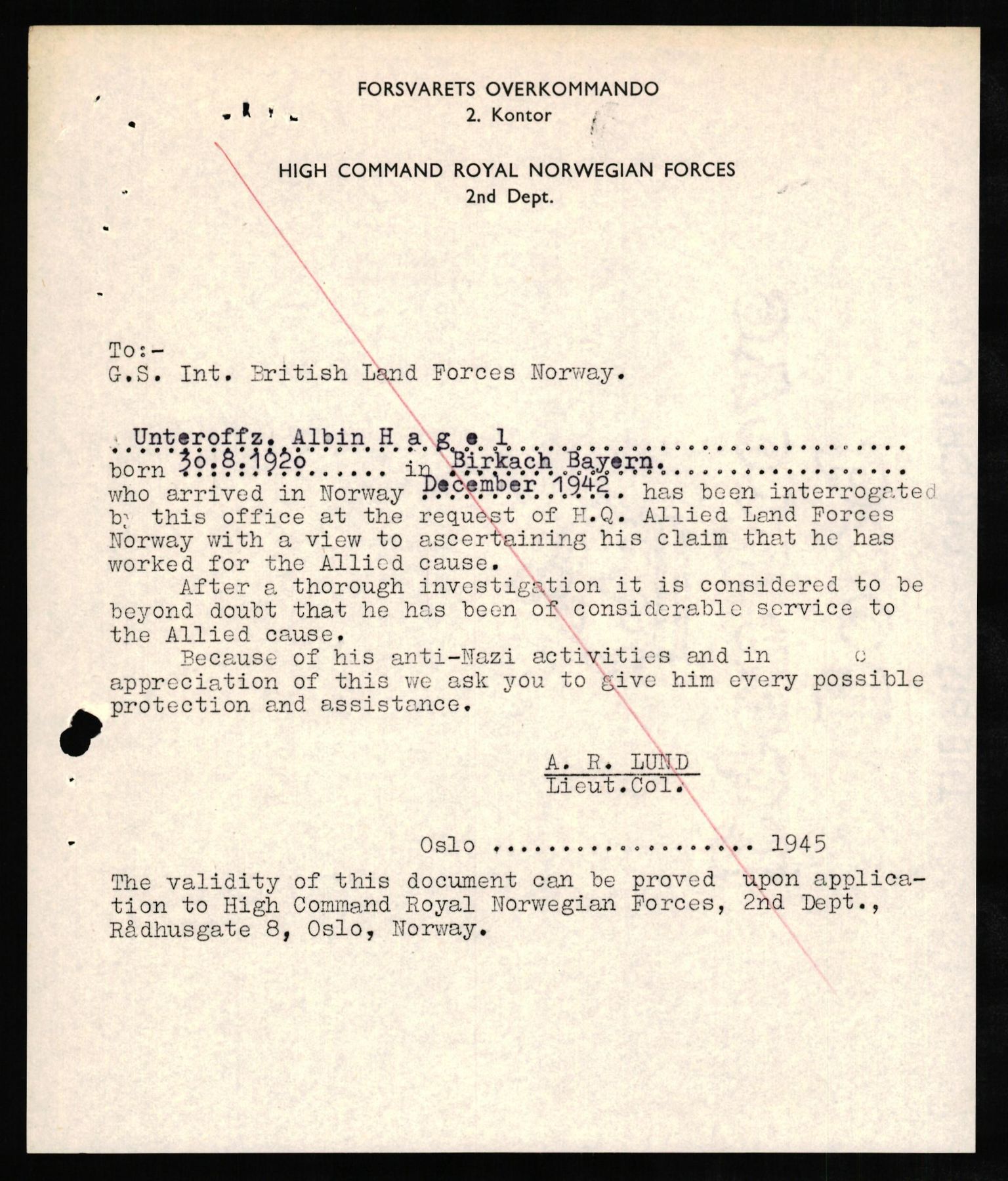 Forsvaret, Forsvarets overkommando II, AV/RA-RAFA-3915/D/Db/L0011: CI Questionaires. Tyske okkupasjonsstyrker i Norge. Tyskere., 1945-1946, p. 167