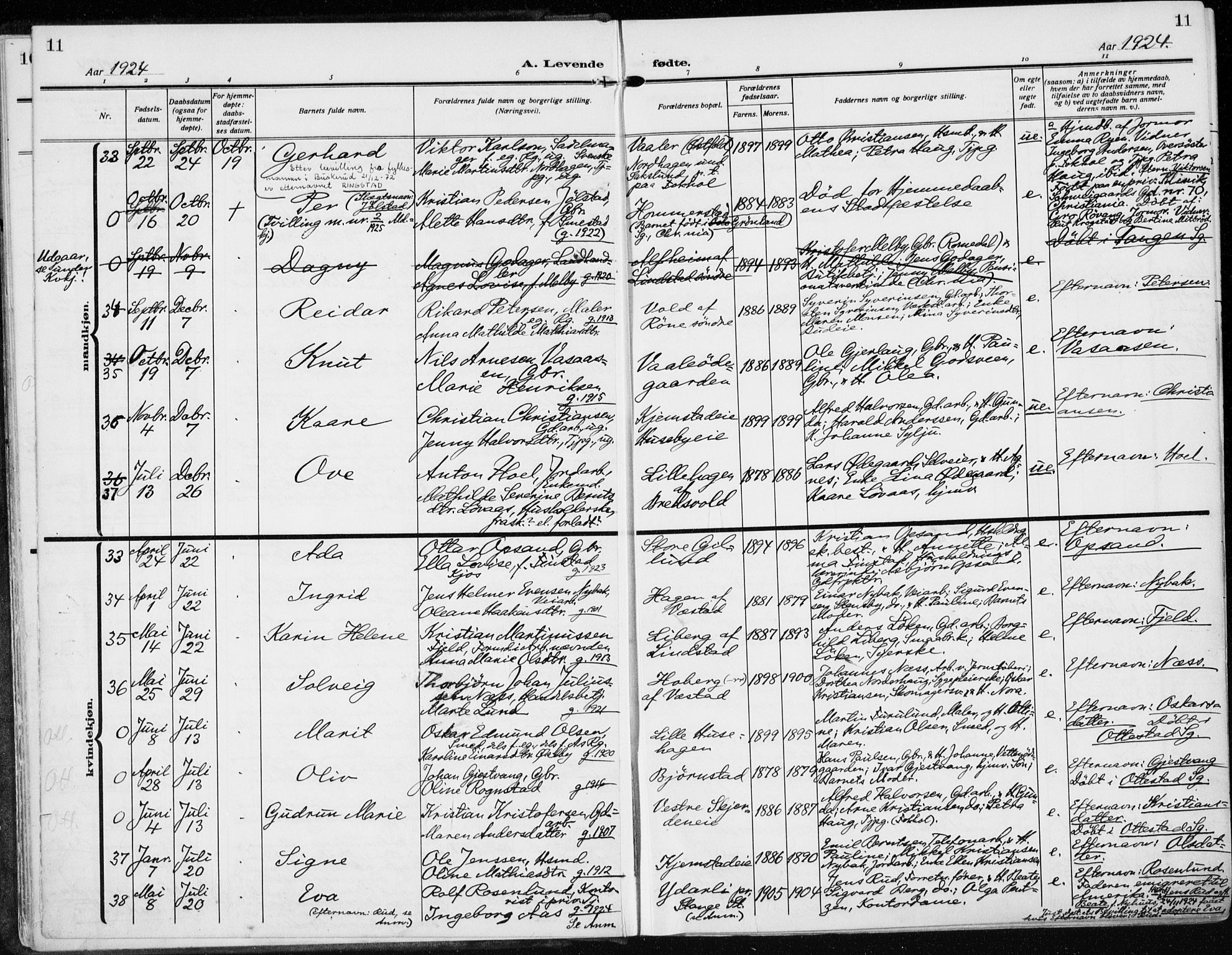Stange prestekontor, AV/SAH-PREST-002/K/L0026: Parish register (official) no. 26, 1923-1937, p. 11