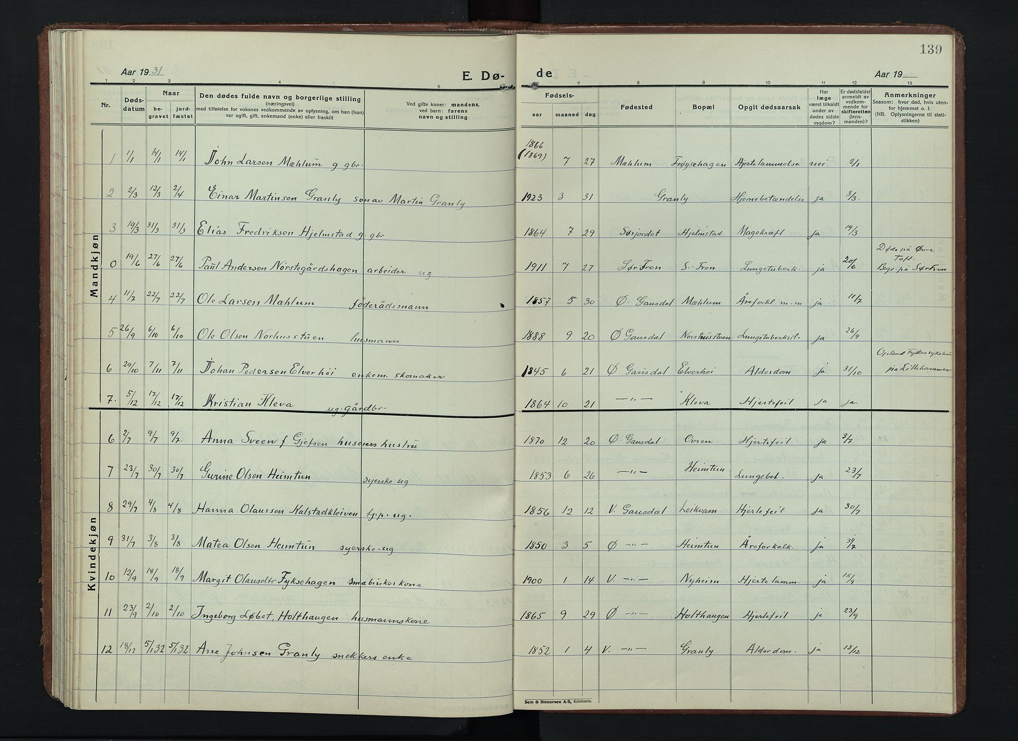 Østre Gausdal prestekontor, AV/SAH-PREST-092/H/Ha/Hab/L0006: Parish register (copy) no. 6, 1922-1945, p. 139