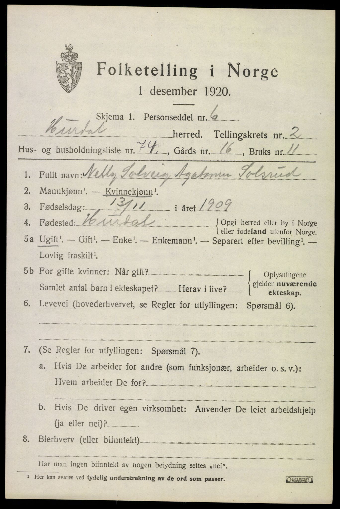 SAO, 1920 census for Hurdal, 1920, p. 1986