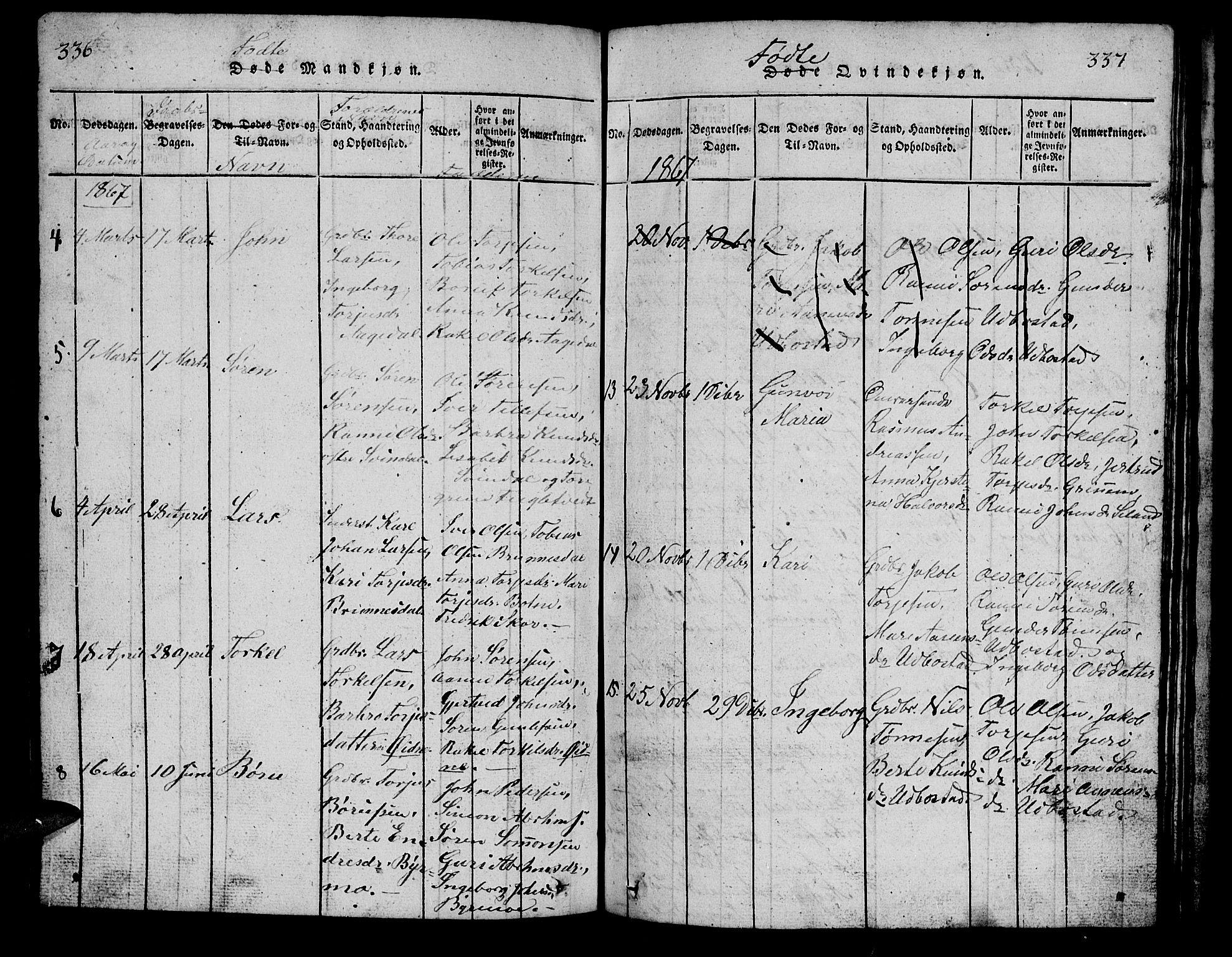 Bjelland sokneprestkontor, SAK/1111-0005/F/Fb/Fbc/L0001: Parish register (copy) no. B 1, 1815-1870, p. 336-337