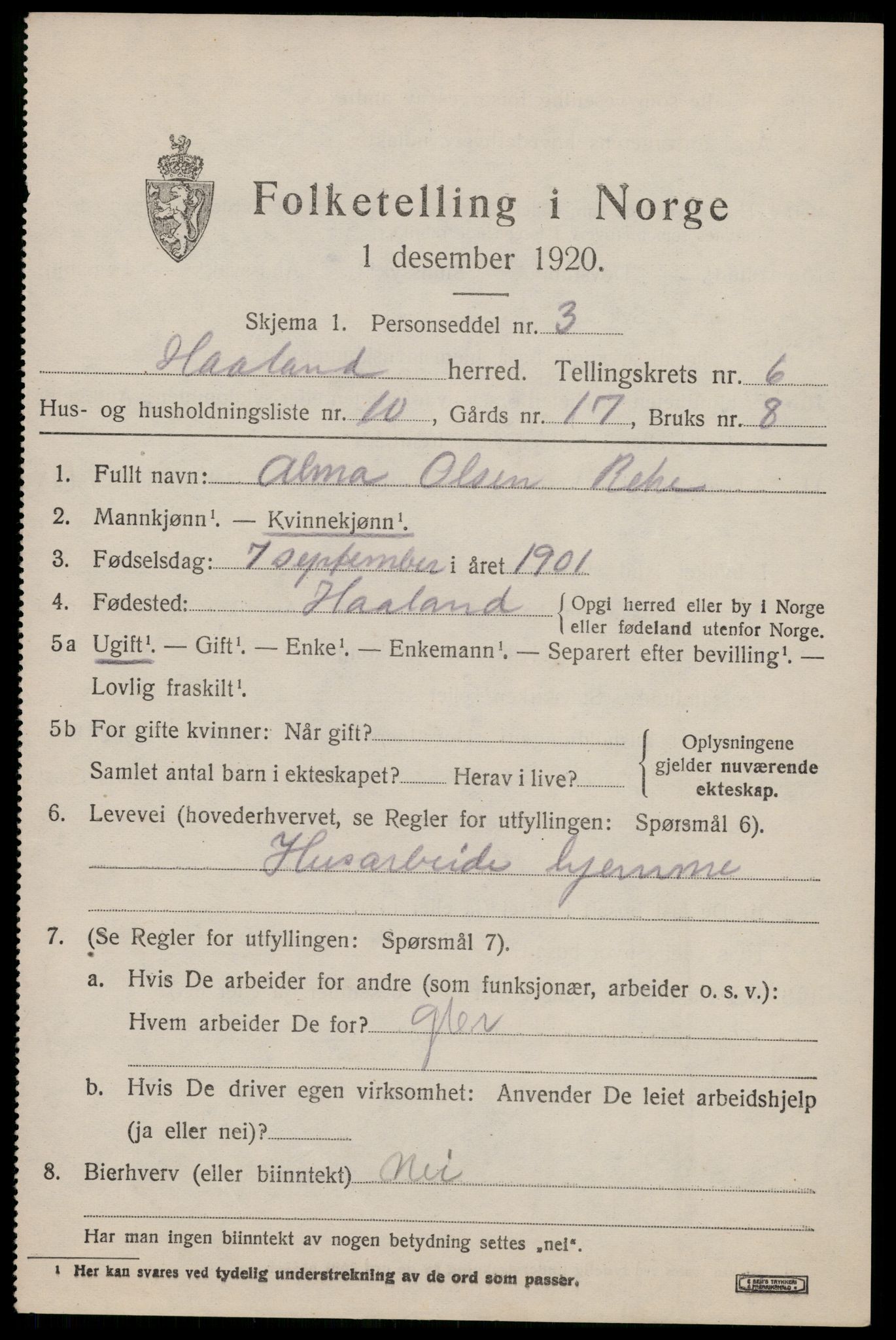 SAST, 1920 census for Håland, 1920, p. 5125