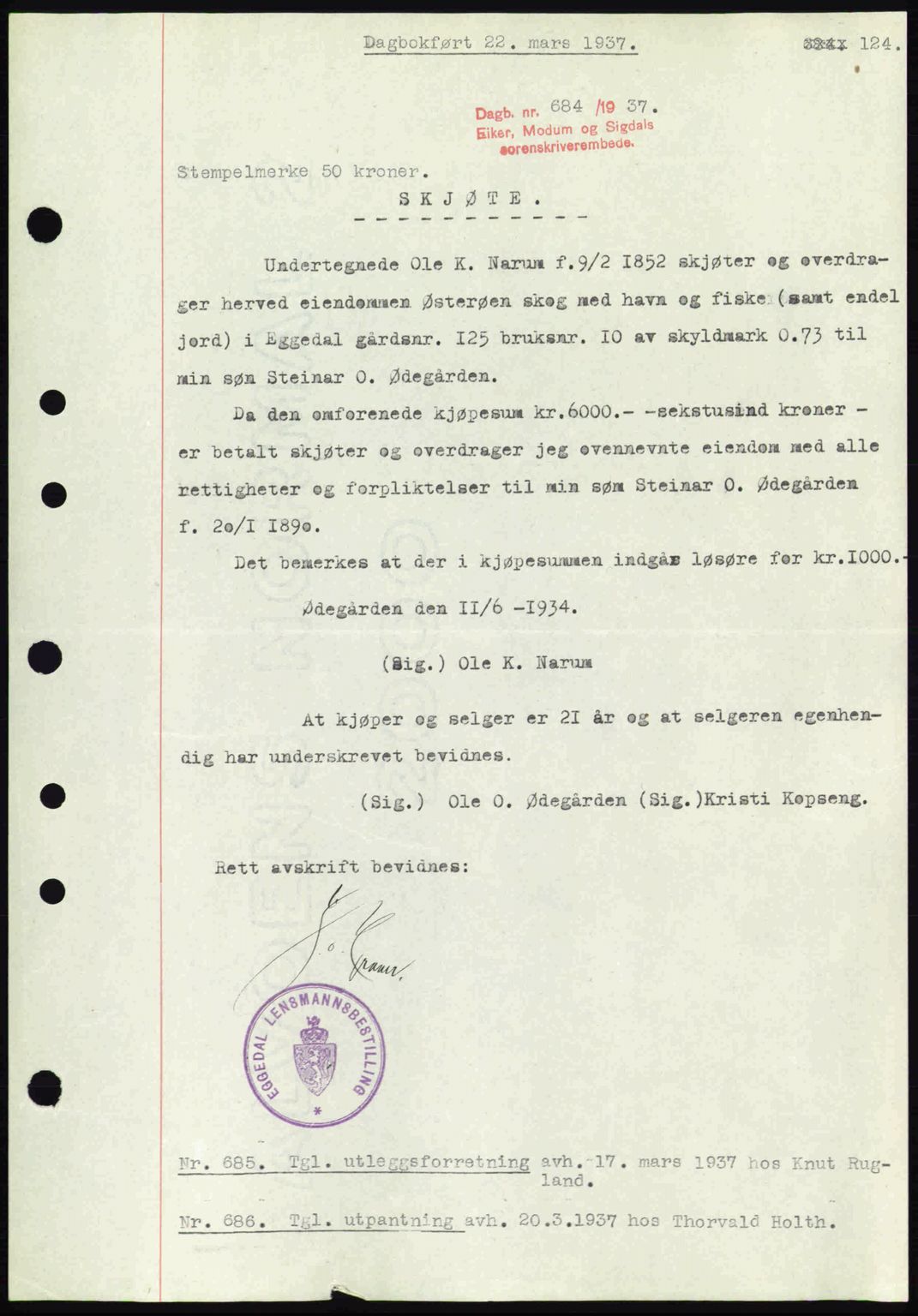 Eiker, Modum og Sigdal sorenskriveri, SAKO/A-123/G/Ga/Gab/L0035: Mortgage book no. A5, 1937-1937, Diary no: : 684/1937