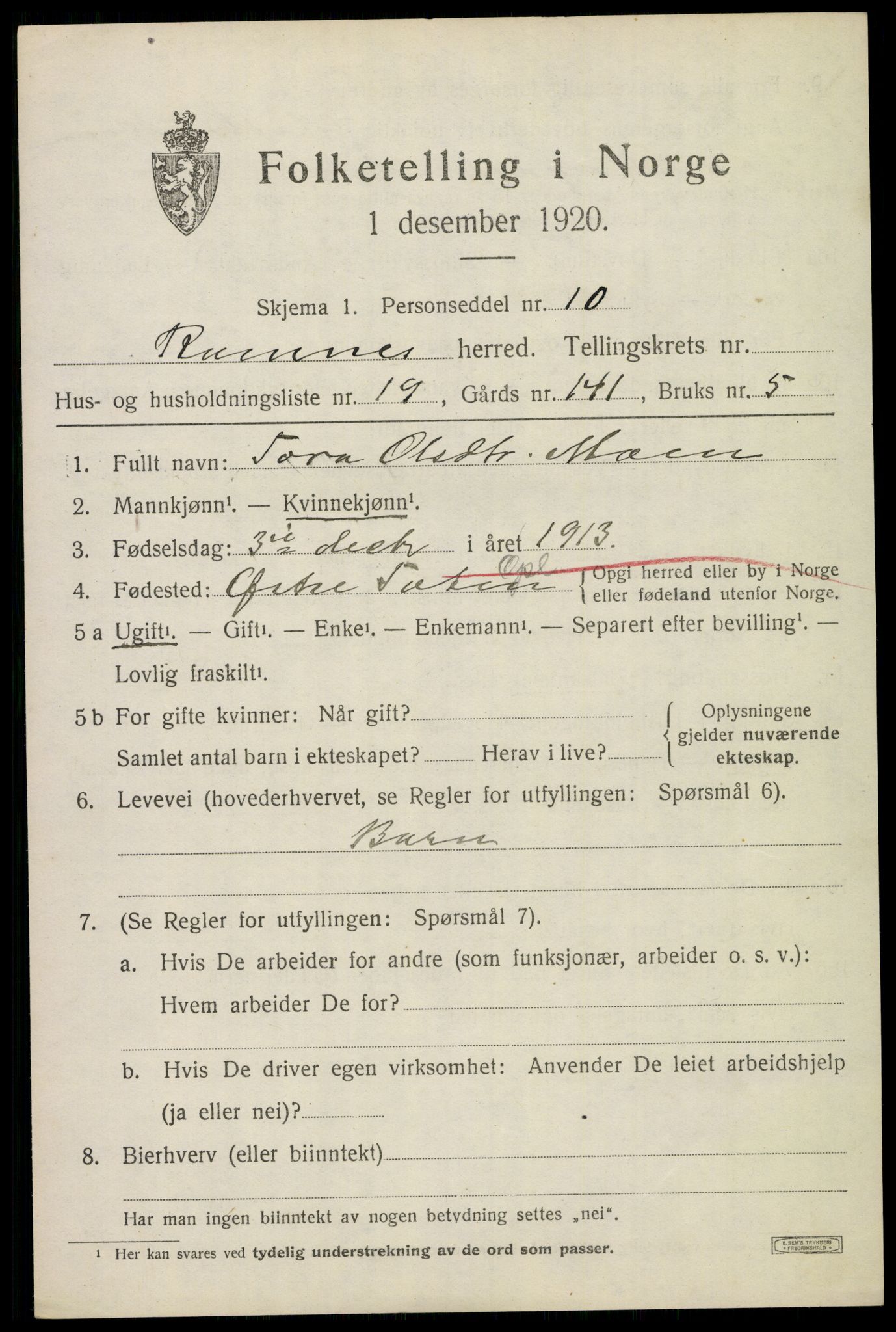 SAKO, 1920 census for Ramnes, 1920, p. 6382
