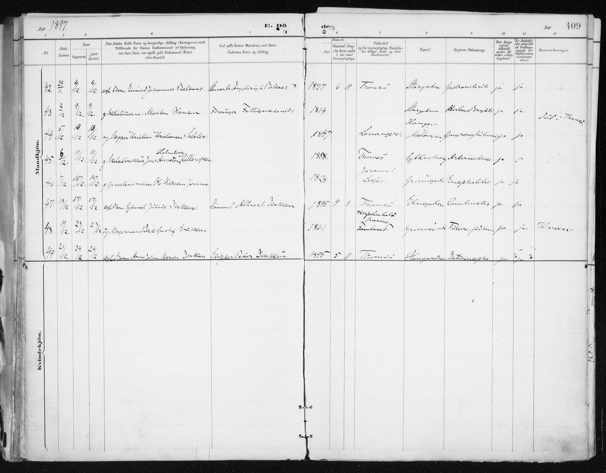 Tromsø sokneprestkontor/stiftsprosti/domprosti, AV/SATØ-S-1343/G/Ga/L0015kirke: Parish register (official) no. 15, 1889-1899, p. 409