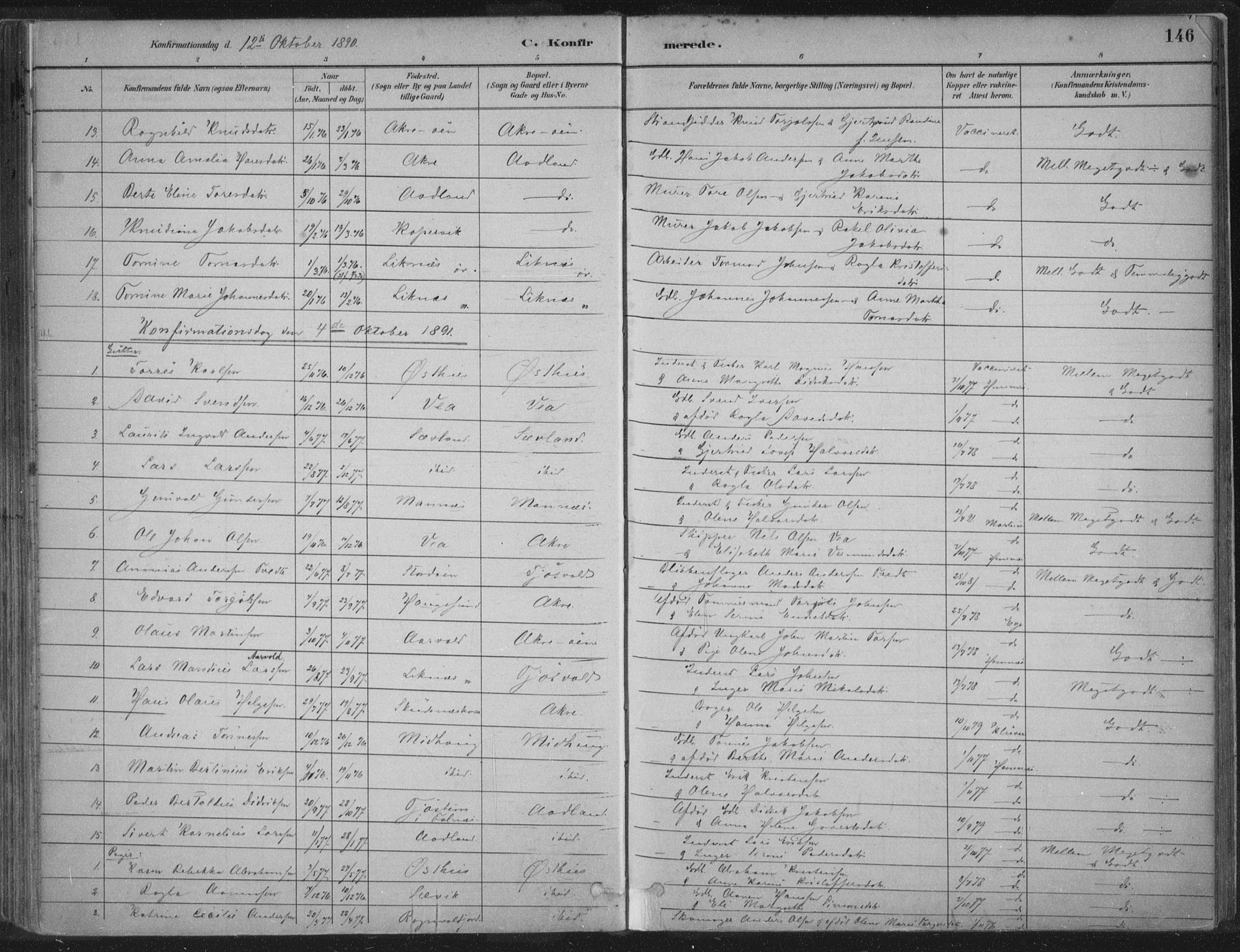 Kopervik sokneprestkontor, SAST/A-101850/H/Ha/Haa/L0004: Parish register (official) no. A 4, 1882-1905, p. 146