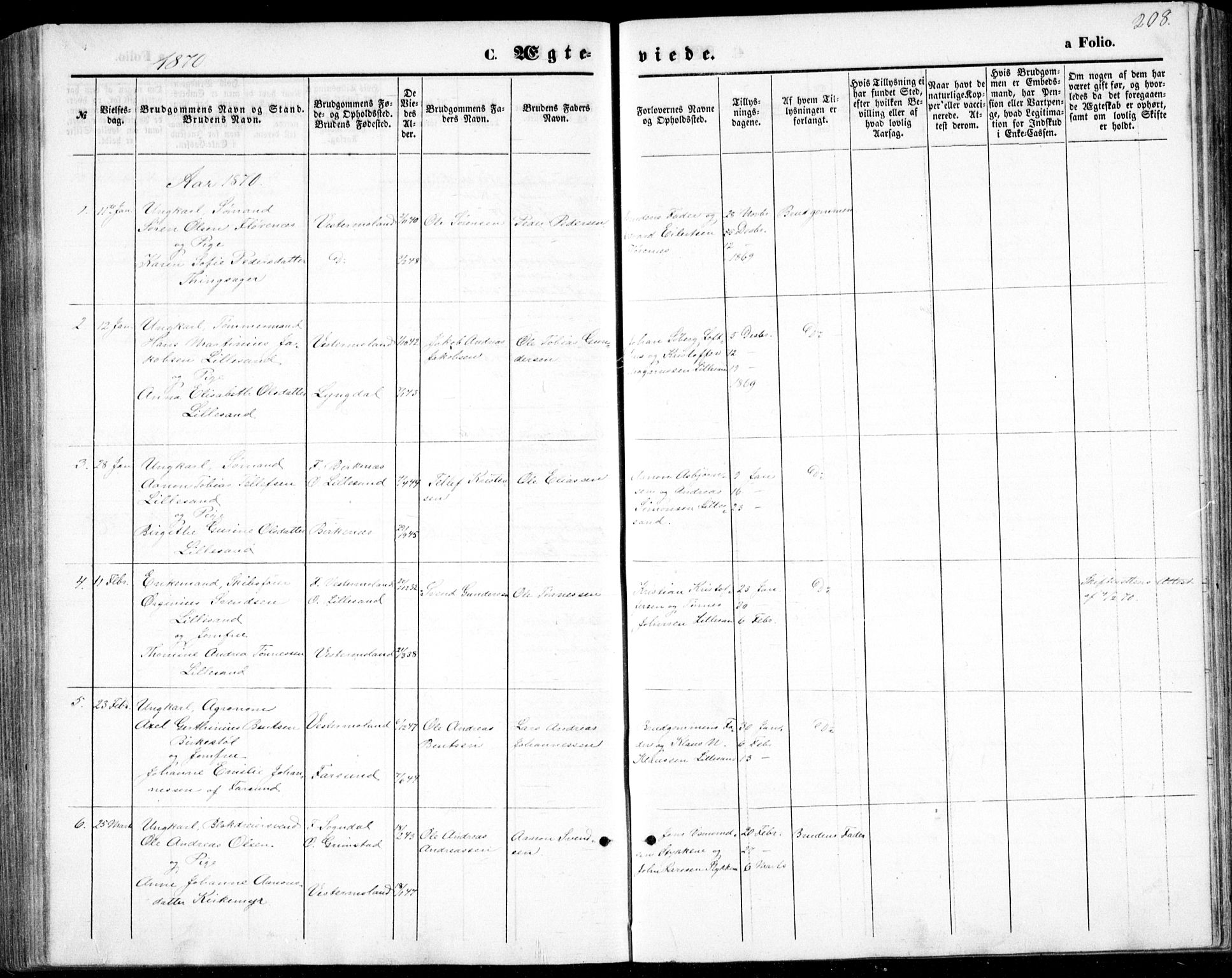 Vestre Moland sokneprestkontor, SAK/1111-0046/F/Fb/Fbb/L0004: Parish register (copy) no. B 4, 1861-1872, p. 208