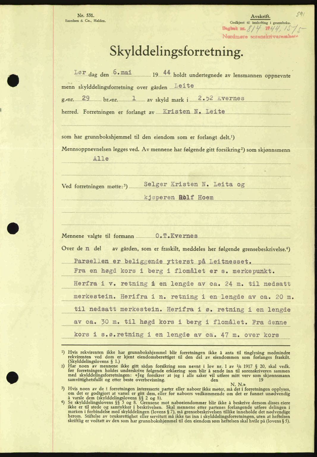 Nordmøre sorenskriveri, AV/SAT-A-4132/1/2/2Ca: Mortgage book no. A97, 1944-1944, Diary no: : 814/1944