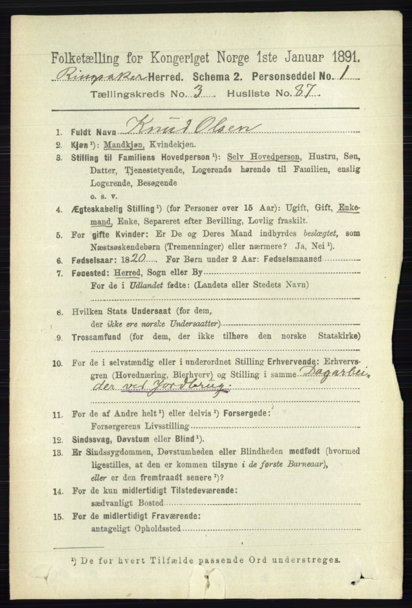 RA, 1891 census for 0412 Ringsaker, 1891, p. 1679