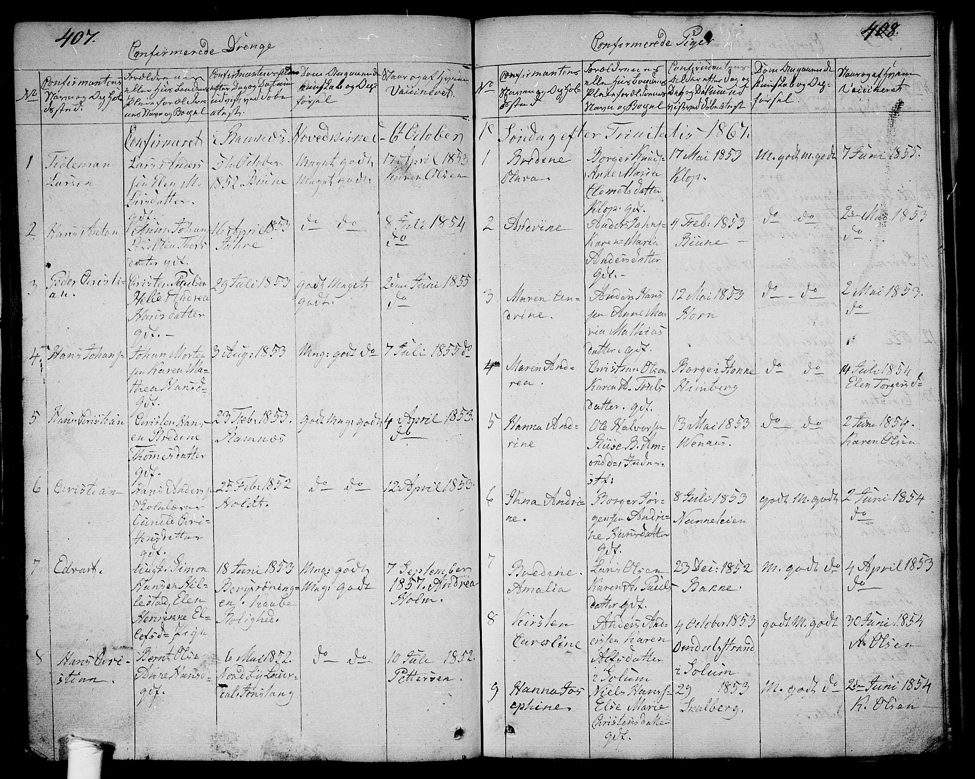 Ramnes kirkebøker, SAKO/A-314/G/Ga/L0002: Parish register (copy) no. I 2, 1848-1870, p. 407-408