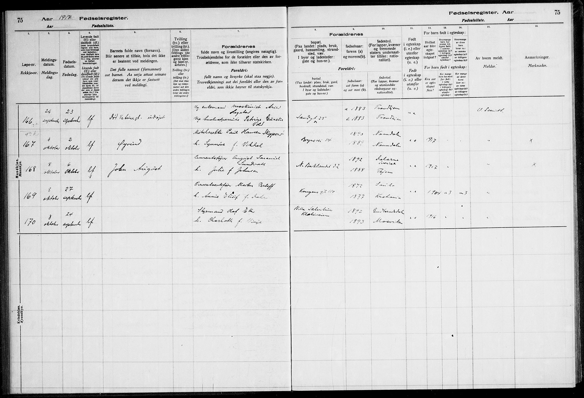 Ministerialprotokoller, klokkerbøker og fødselsregistre - Sør-Trøndelag, AV/SAT-A-1456/600/L0002: Birth register no. 600.II.4.1, 1916-1920, p. 75