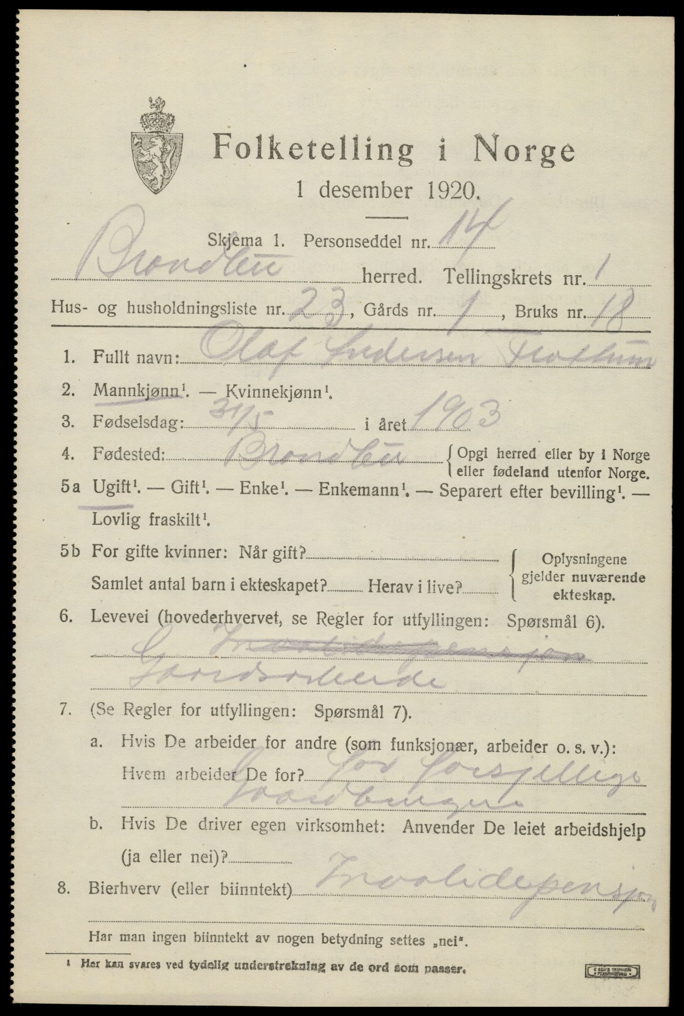 SAH, 1920 census for Brandbu, 1920, p. 2215