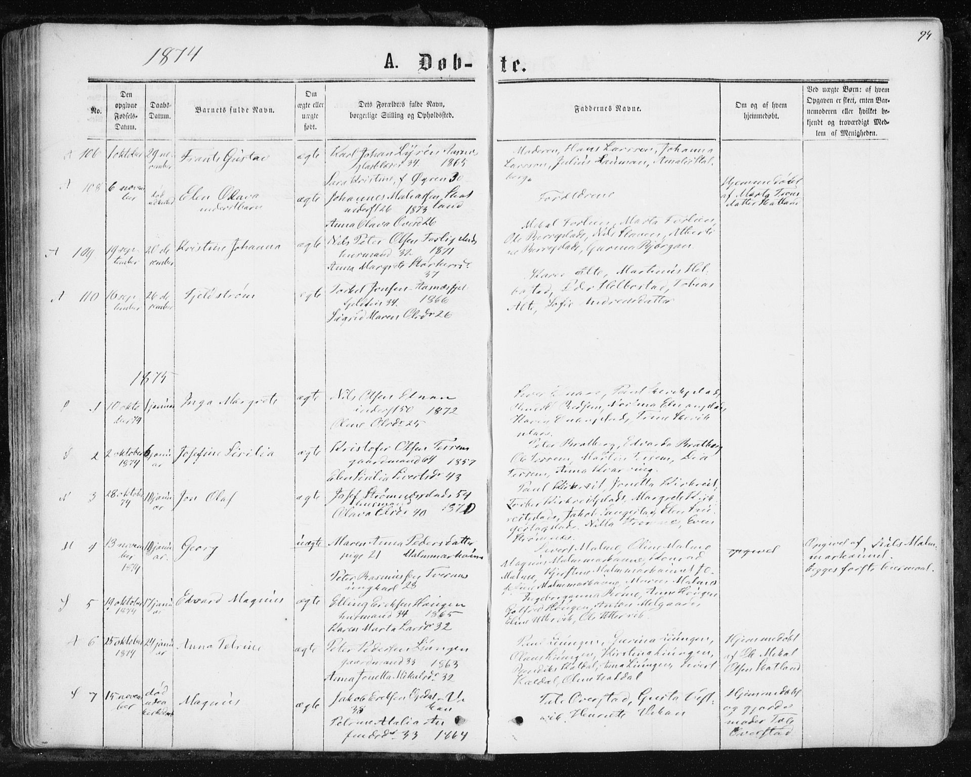 Ministerialprotokoller, klokkerbøker og fødselsregistre - Nord-Trøndelag, SAT/A-1458/741/L0394: Parish register (official) no. 741A08, 1864-1877, p. 94