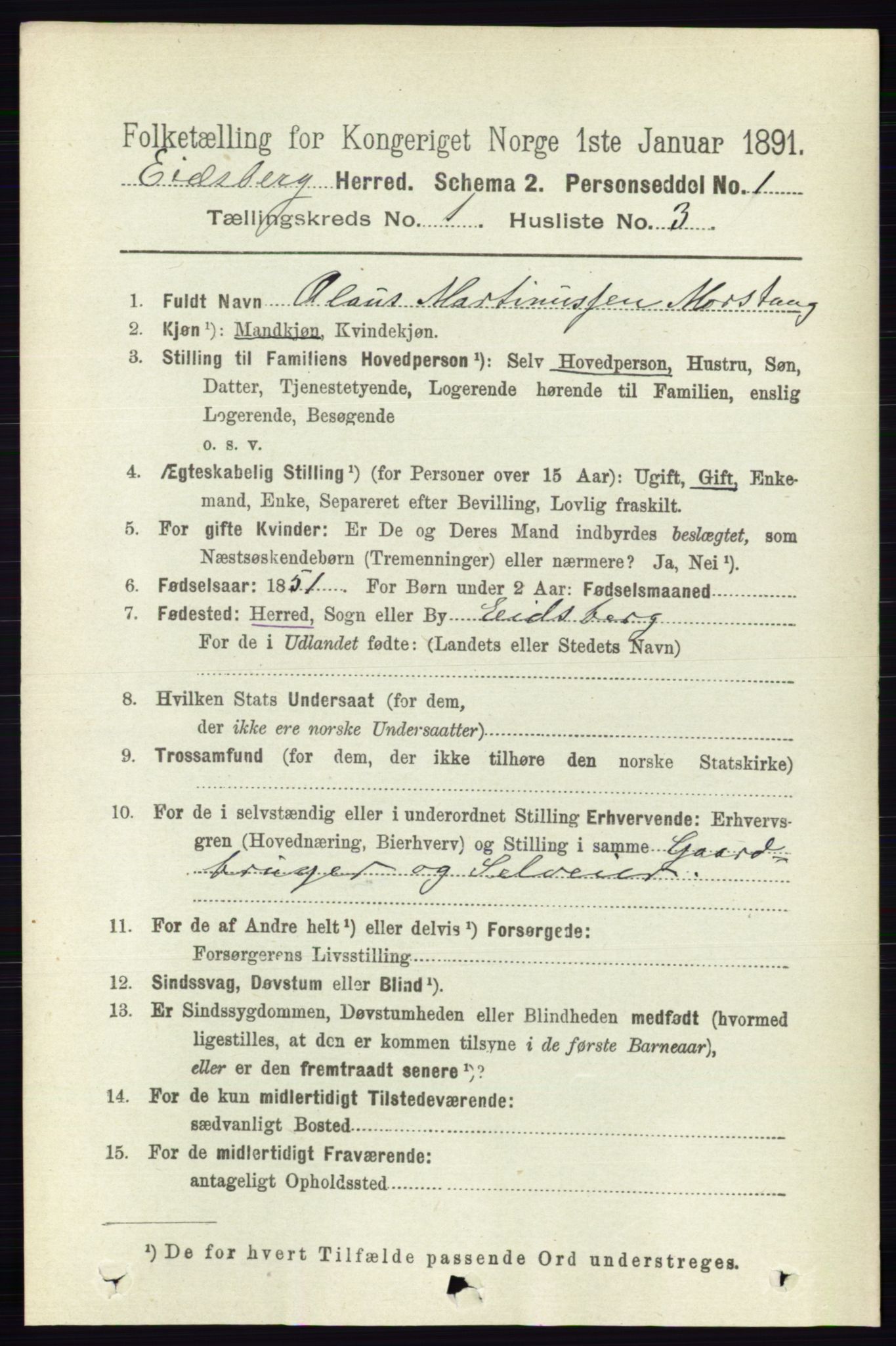 RA, 1891 census for 0125 Eidsberg, 1891, p. 152