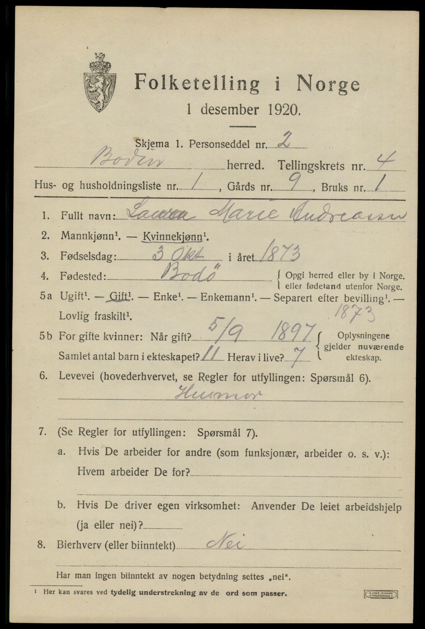 SAT, 1920 census for Bodin, 1920, p. 2688