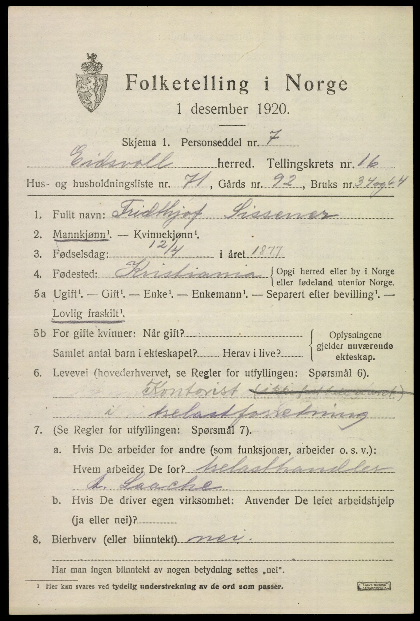 SAO, 1920 census for Eidsvoll, 1920, p. 23363