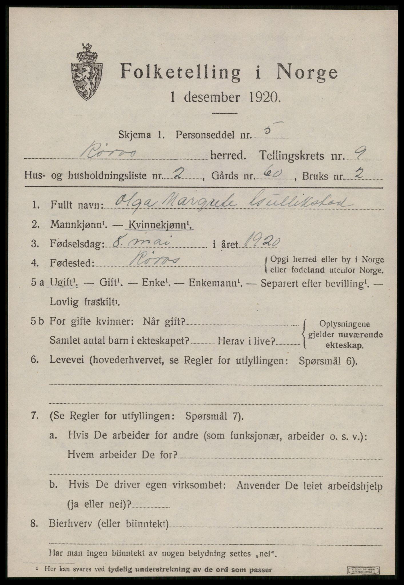 SAT, 1920 census for Røros, 1920, p. 7708