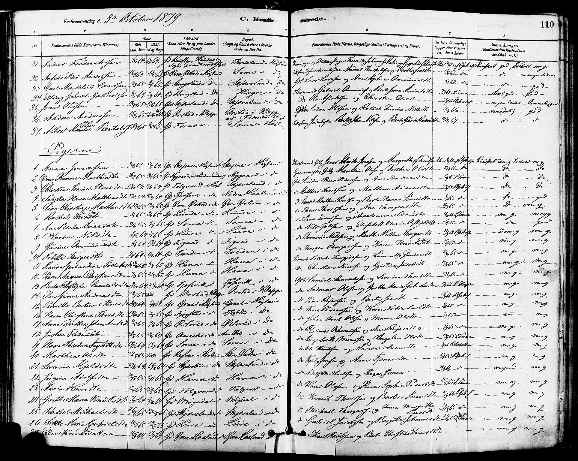 Høyland sokneprestkontor, SAST/A-101799/001/30BA/L0011: Parish register (official) no. A 10, 1878-1888, p. 110