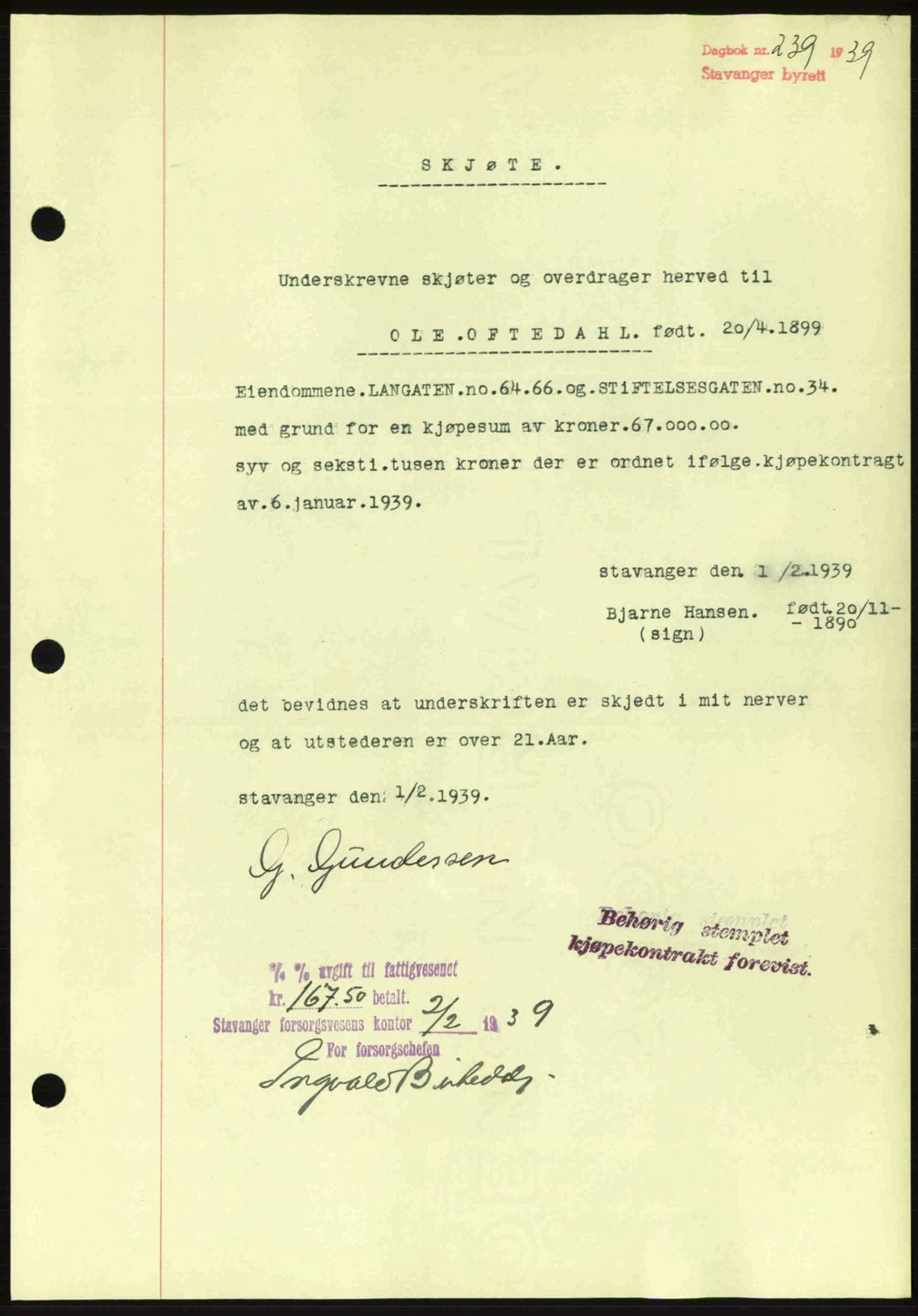 Stavanger byrett, AV/SAST-A-100455/002/G/Gb/L0014: Mortgage book no. A4, 1938-1939, Diary no: : 239/1939