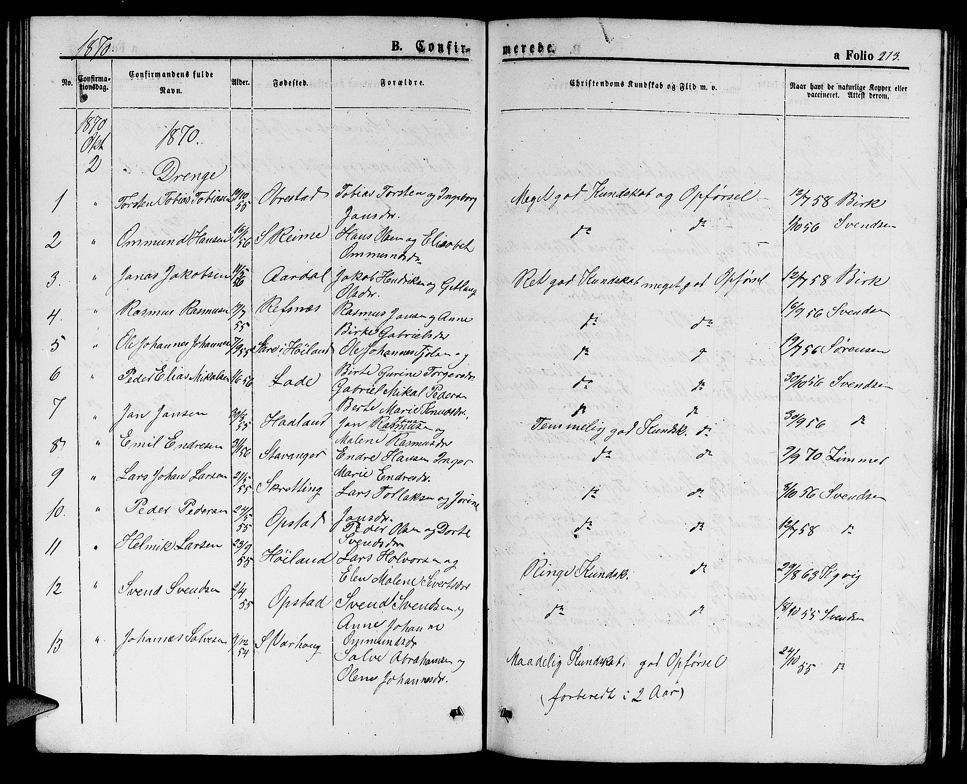 Hå sokneprestkontor, AV/SAST-A-101801/001/30BB/L0001: Parish register (copy) no. B 1, 1854-1883, p. 213