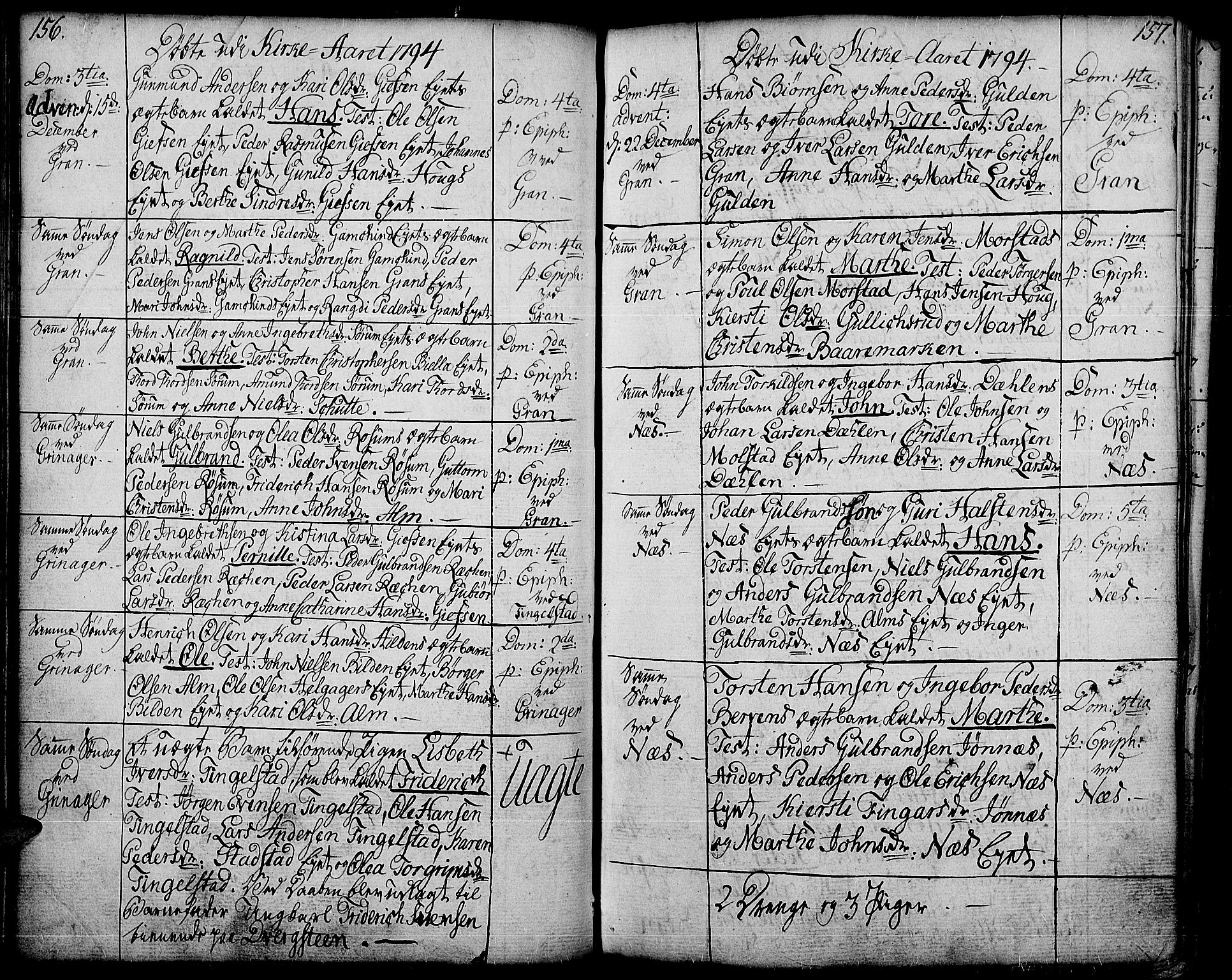 Gran prestekontor, SAH/PREST-112/H/Ha/Haa/L0006: Parish register (official) no. 6, 1787-1824, p. 156-157