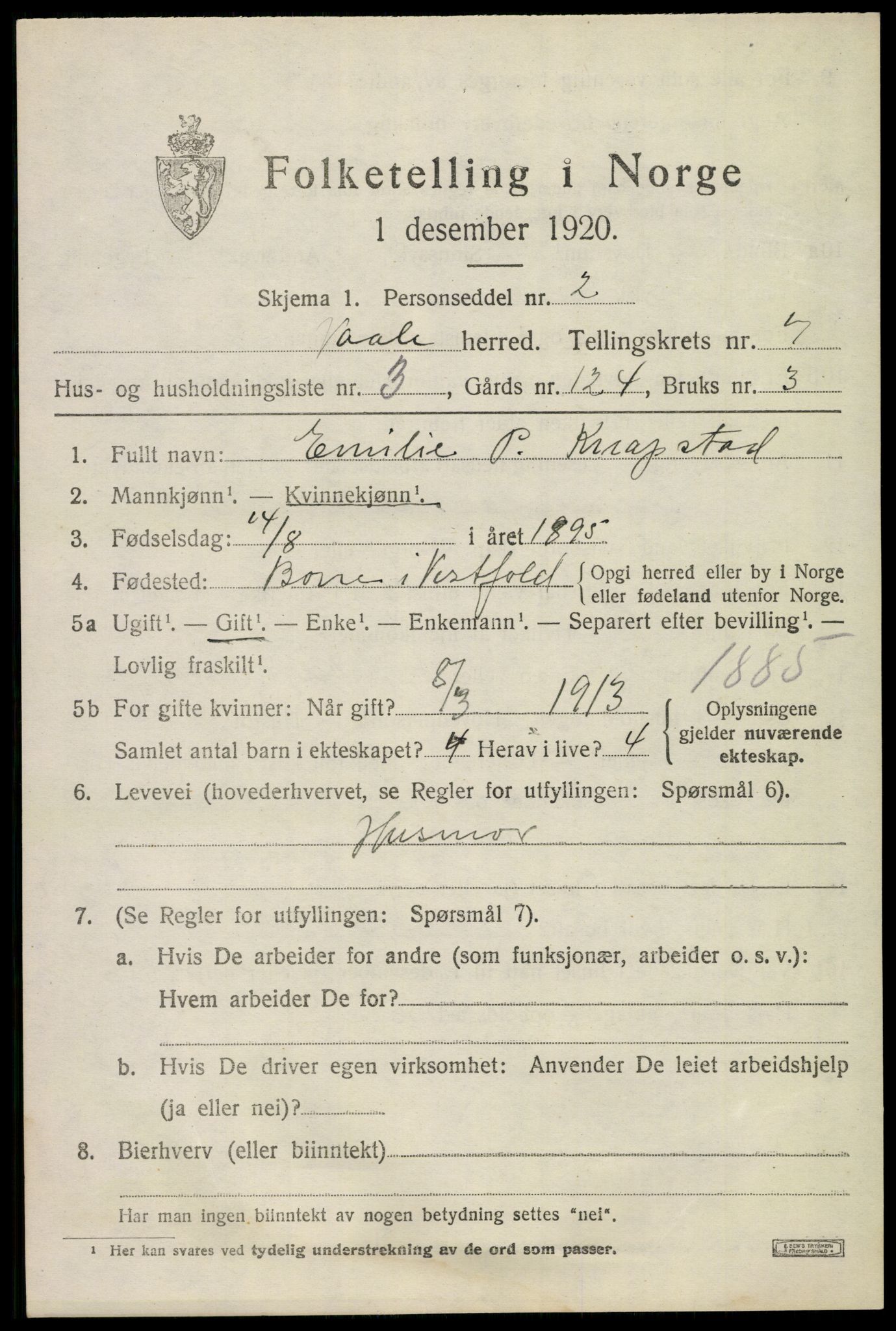 SAKO, 1920 census for Våle, 1920, p. 5522