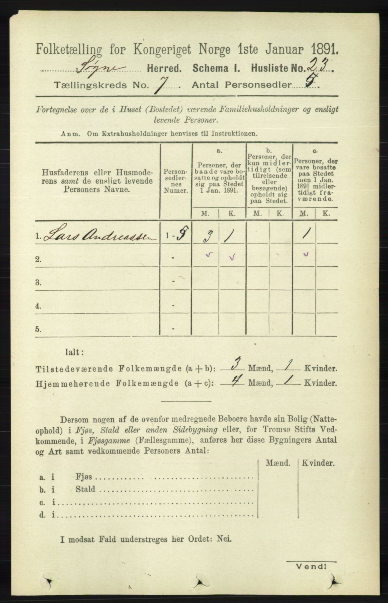 RA, 1891 census for 1018 Søgne, 1891, p. 1446