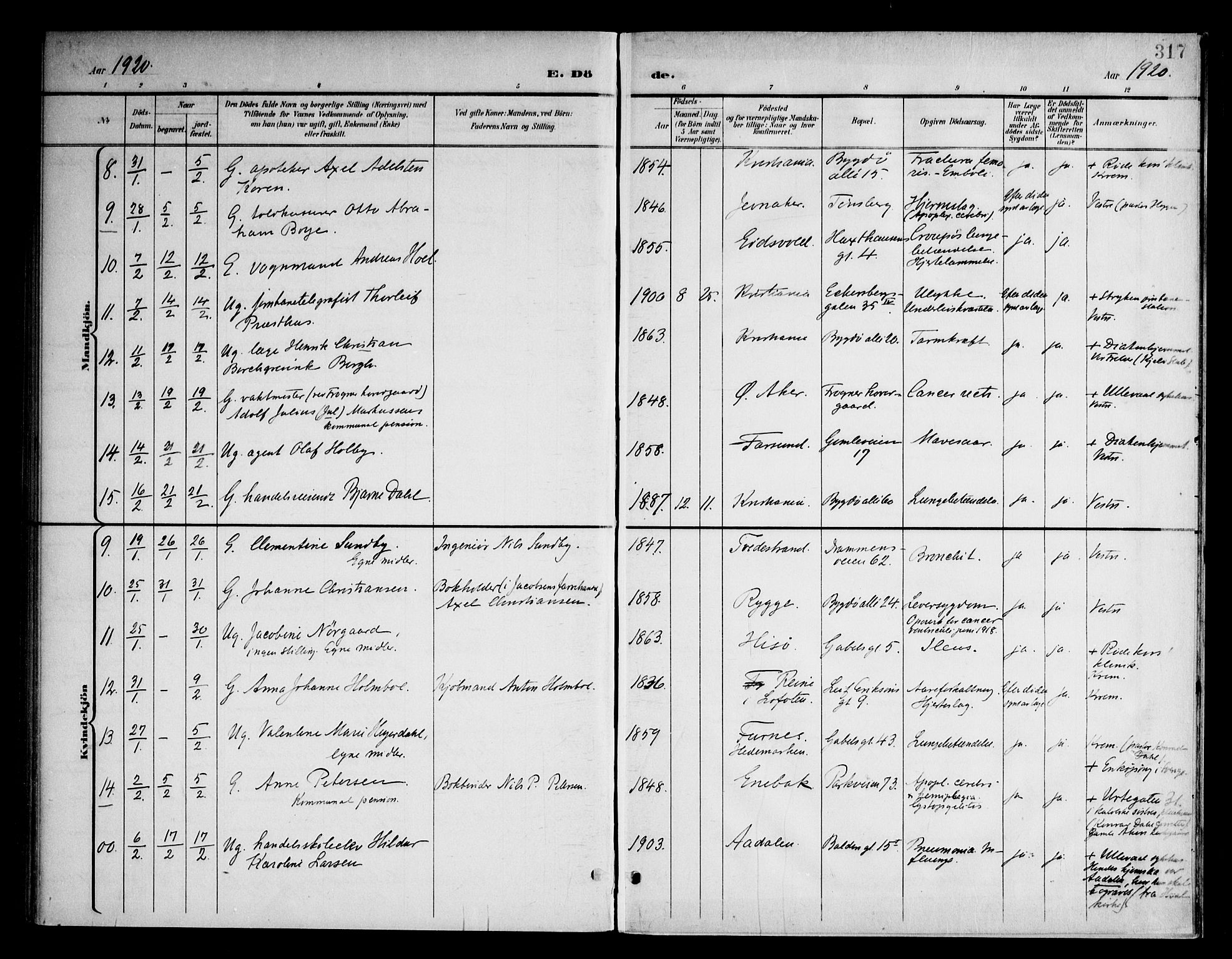 Frogner prestekontor Kirkebøker, SAO/A-10886/F/Fa/L0004: Parish register (official) no. 4, 1898-1921, p. 317