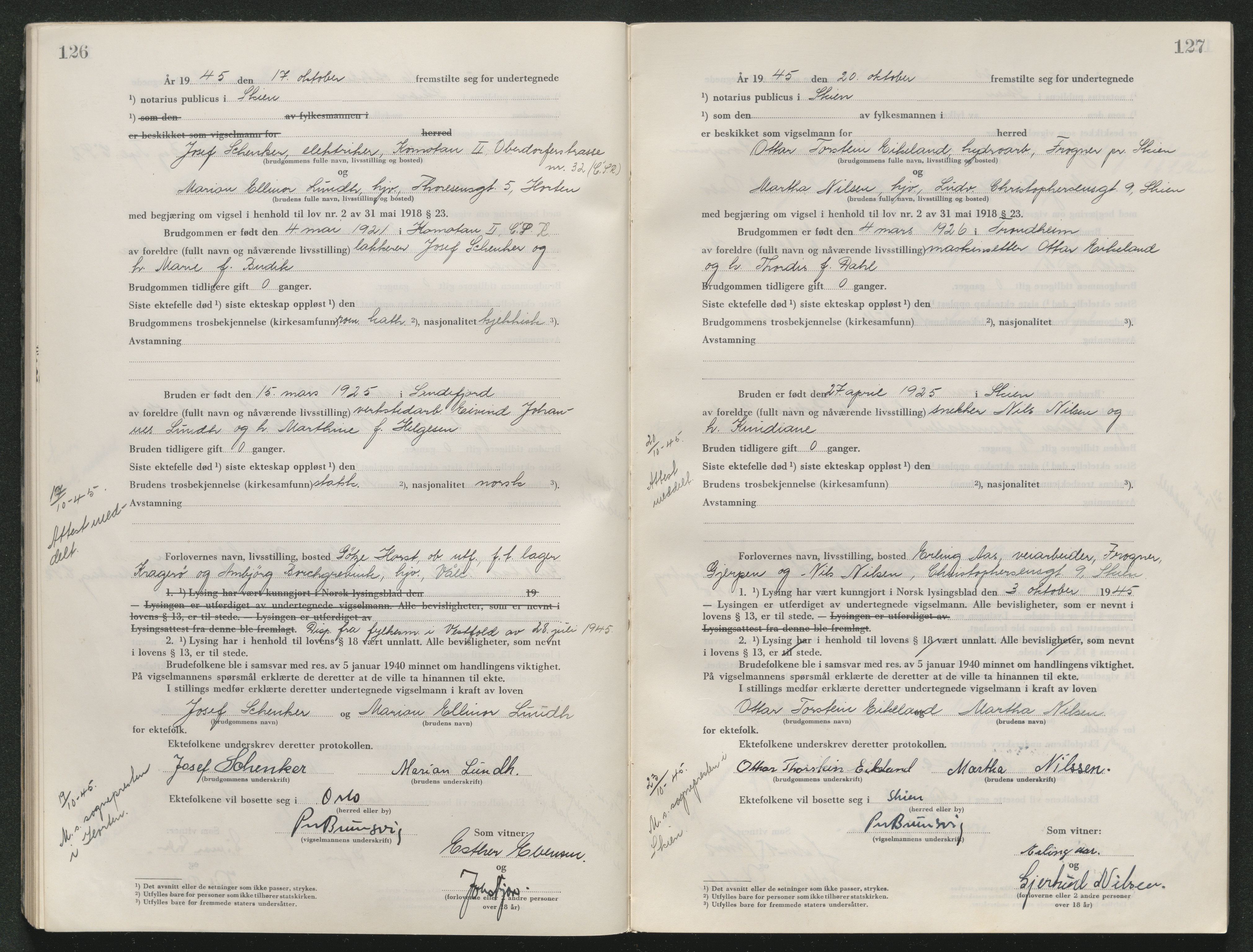 Skien sorenskriveri, AV/SAKO-A-225/L/La/L0001: Vigselsprotokoll, 1920-1947, p. 126-127