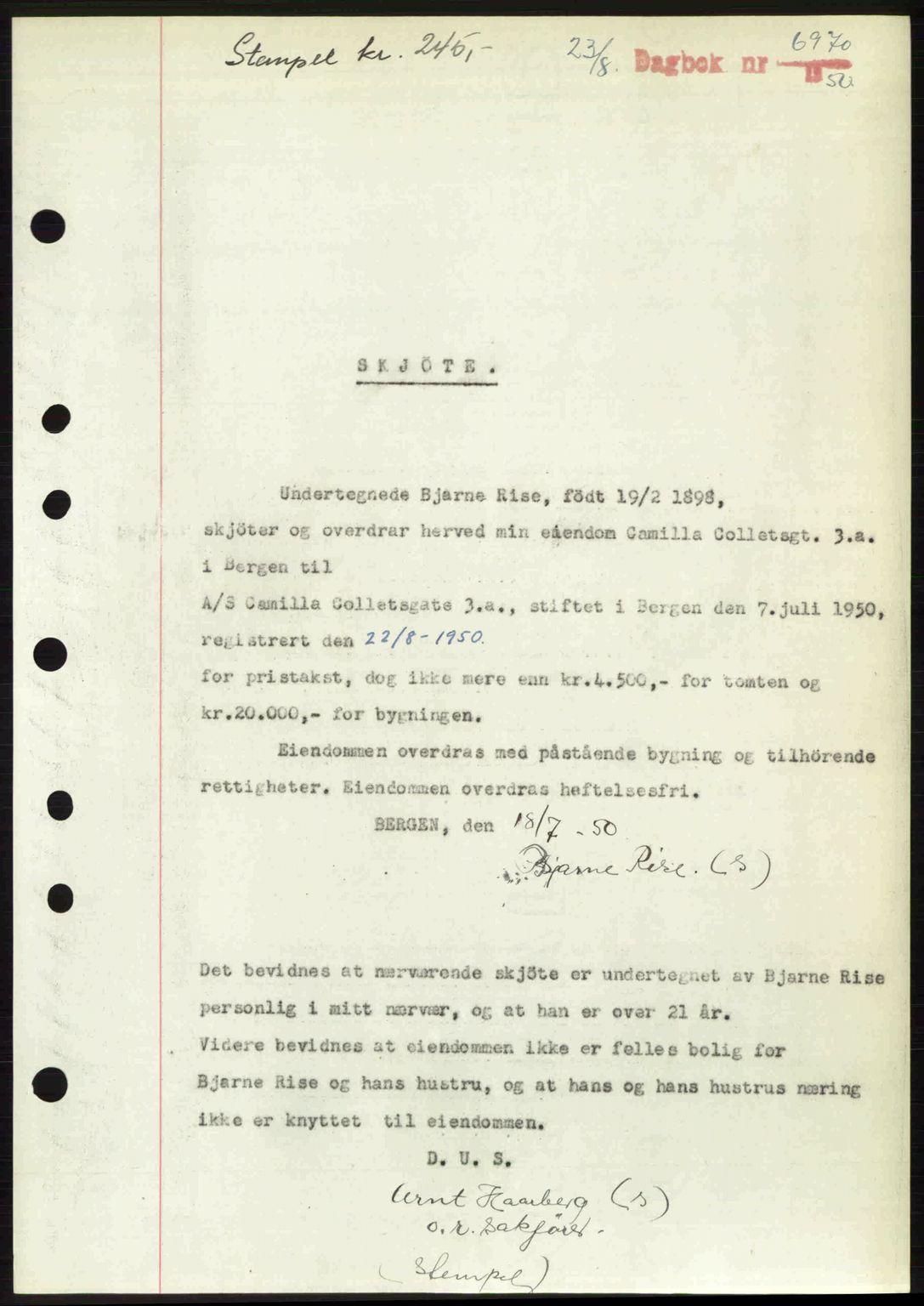 Byfogd og Byskriver i Bergen, AV/SAB-A-3401/03/03Bc/L0033: Mortgage book no. A26-27, 1950-1950, Diary no: : 6970/1950