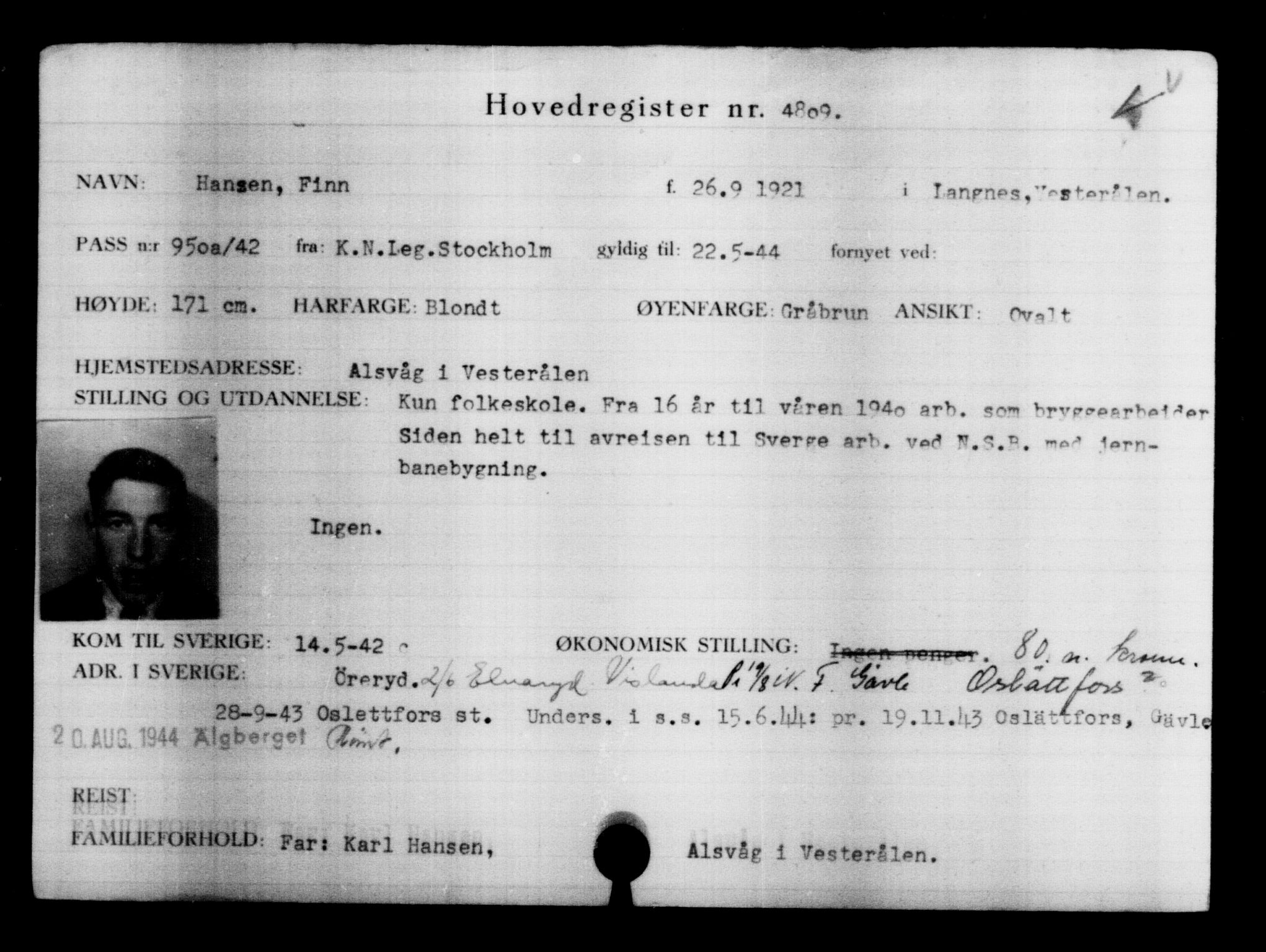 Utenriksstasjonene, Legasjonen i Stockholm, Flyktningkontoret, AV/RA-S-6753/V/Va/L0004: Kjesäterkartoteket, flyktninger med registreringsnr. 3496-6610, 1940-1945, p. 1556