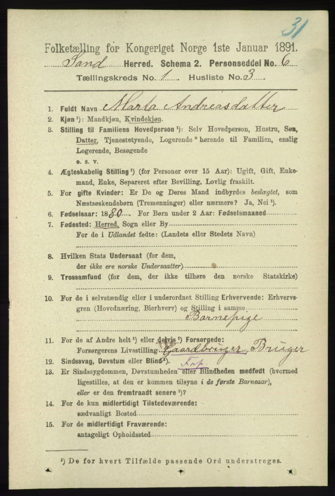 RA, 1891 census for 1136 Sand, 1891, p. 72