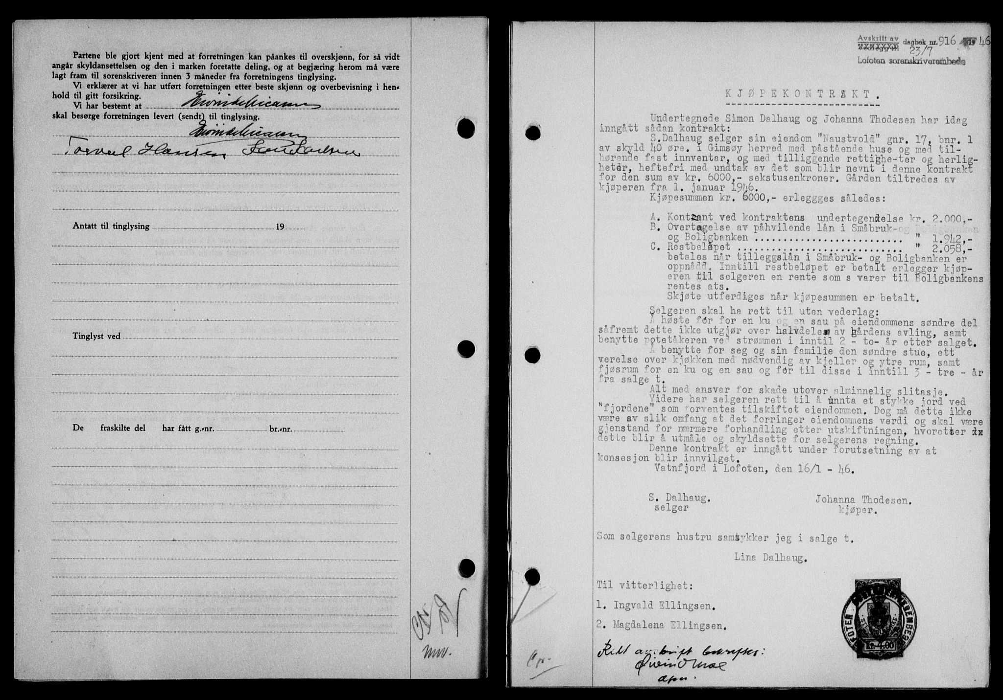 Lofoten sorenskriveri, SAT/A-0017/1/2/2C/L0014a: Mortgage book no. 14a, 1946-1946, Diary no: : 916/1946