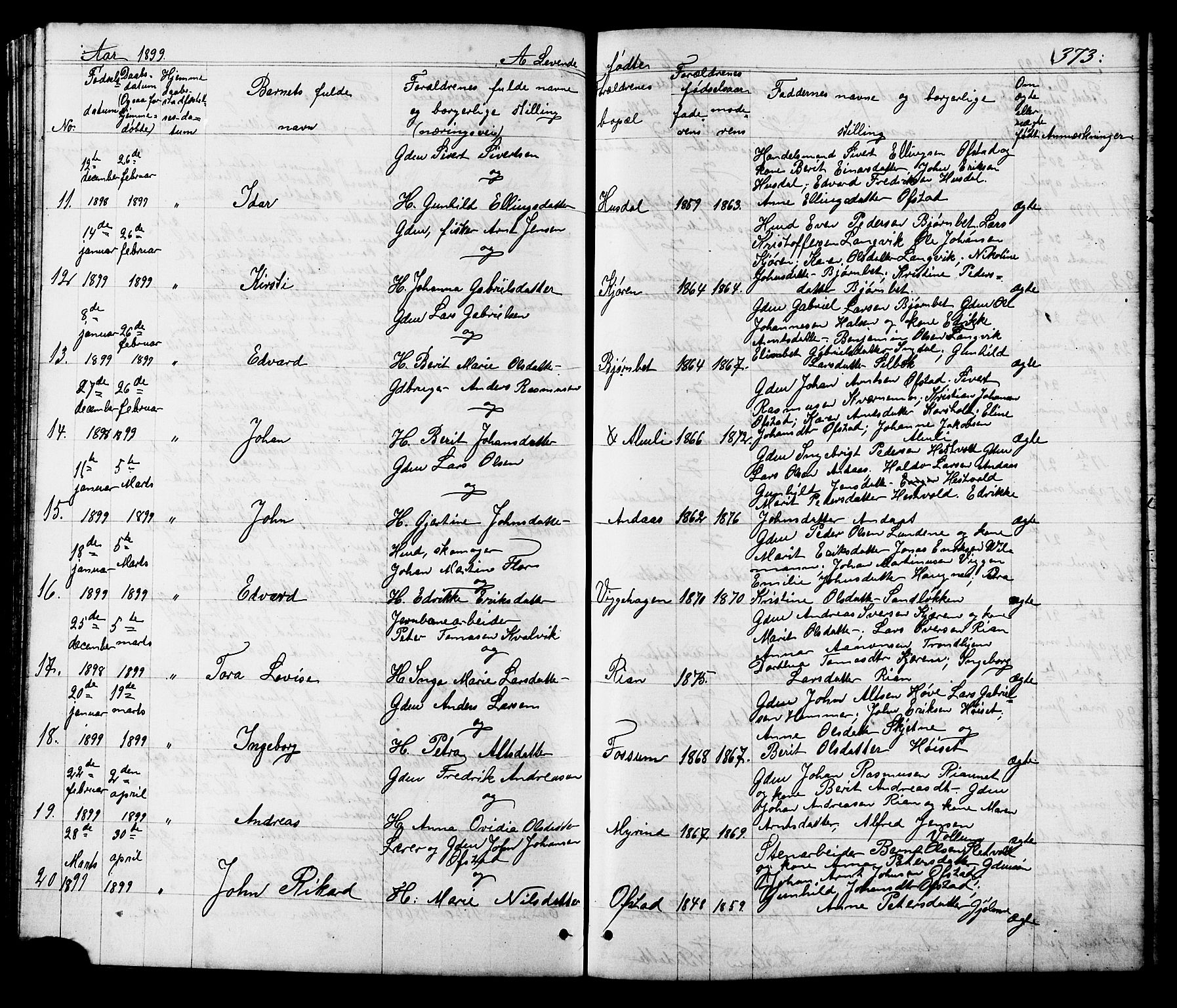 Ministerialprotokoller, klokkerbøker og fødselsregistre - Sør-Trøndelag, SAT/A-1456/665/L0777: Parish register (copy) no. 665C02, 1867-1915, p. 373