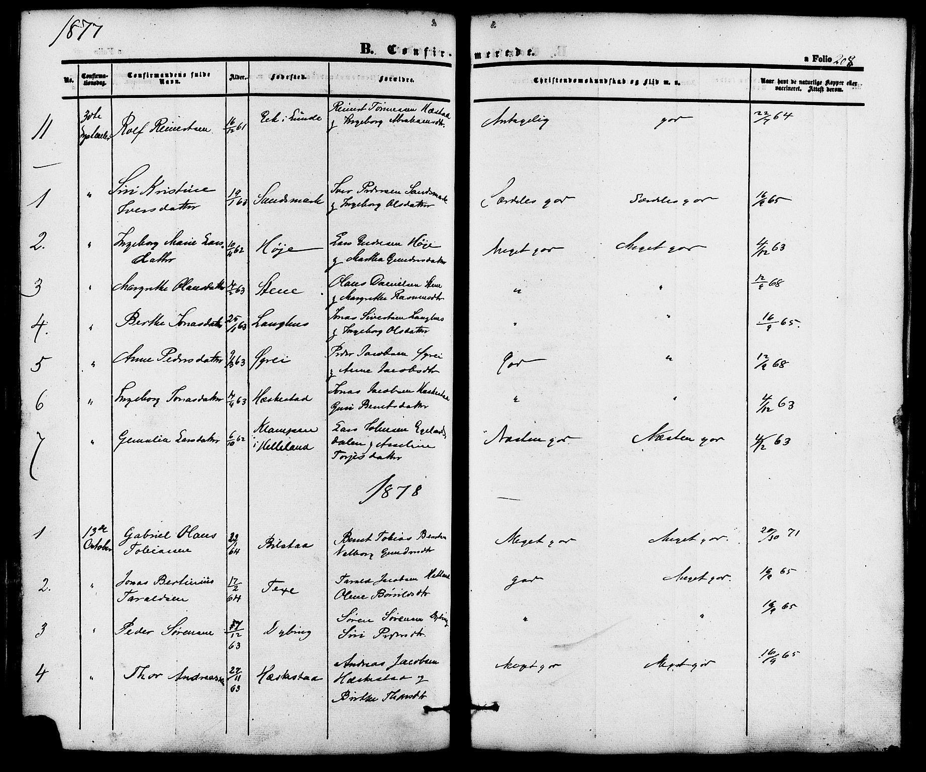 Lund sokneprestkontor, AV/SAST-A-101809/S06/L0010: Parish register (official) no. A 9, 1854-1886, p. 208