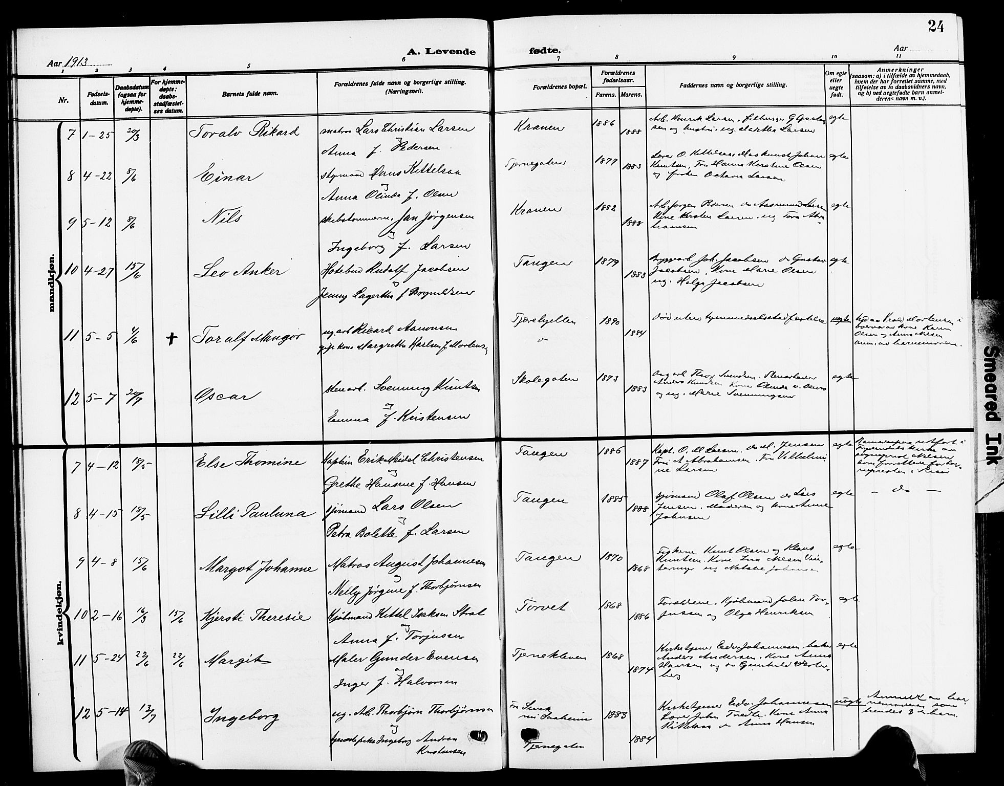 Risør sokneprestkontor, SAK/1111-0035/F/Fb/L0008: Parish register (copy) no. B 8, 1909-1921, p. 24