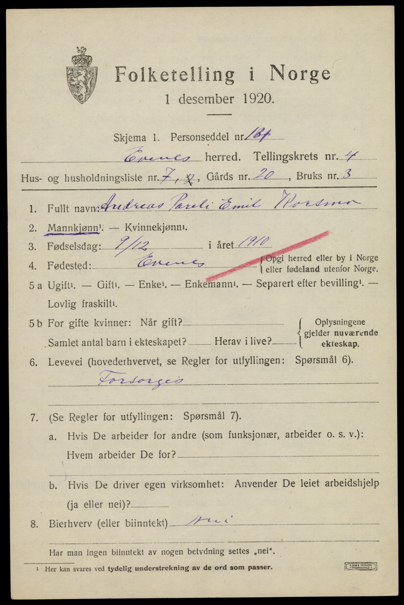 SAT, 1920 census for Evenes, 1920, p. 3696