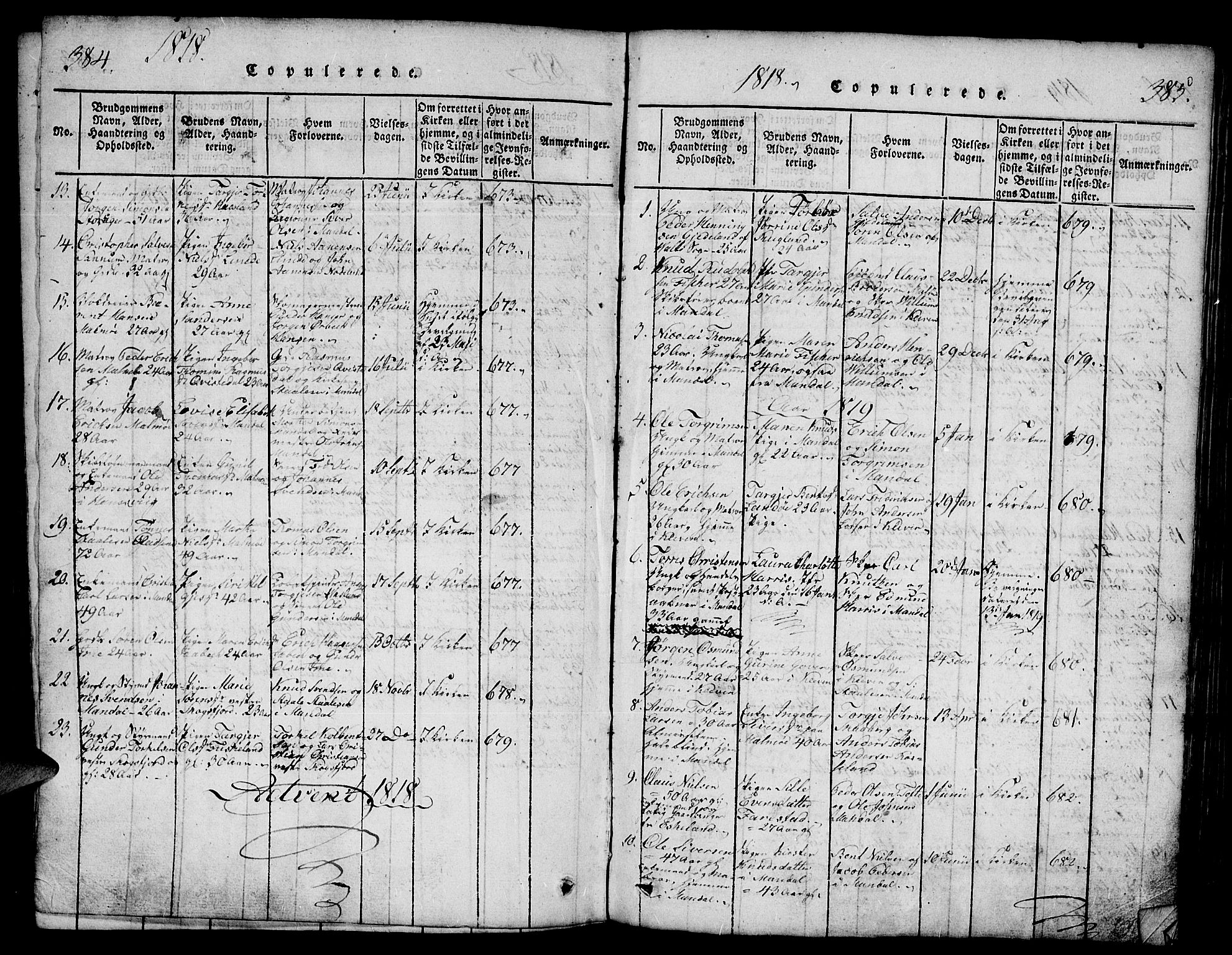 Mandal sokneprestkontor, SAK/1111-0030/F/Fb/Fba/L0001: Parish register (copy) no. B 1, 1818-1830, p. 384-385