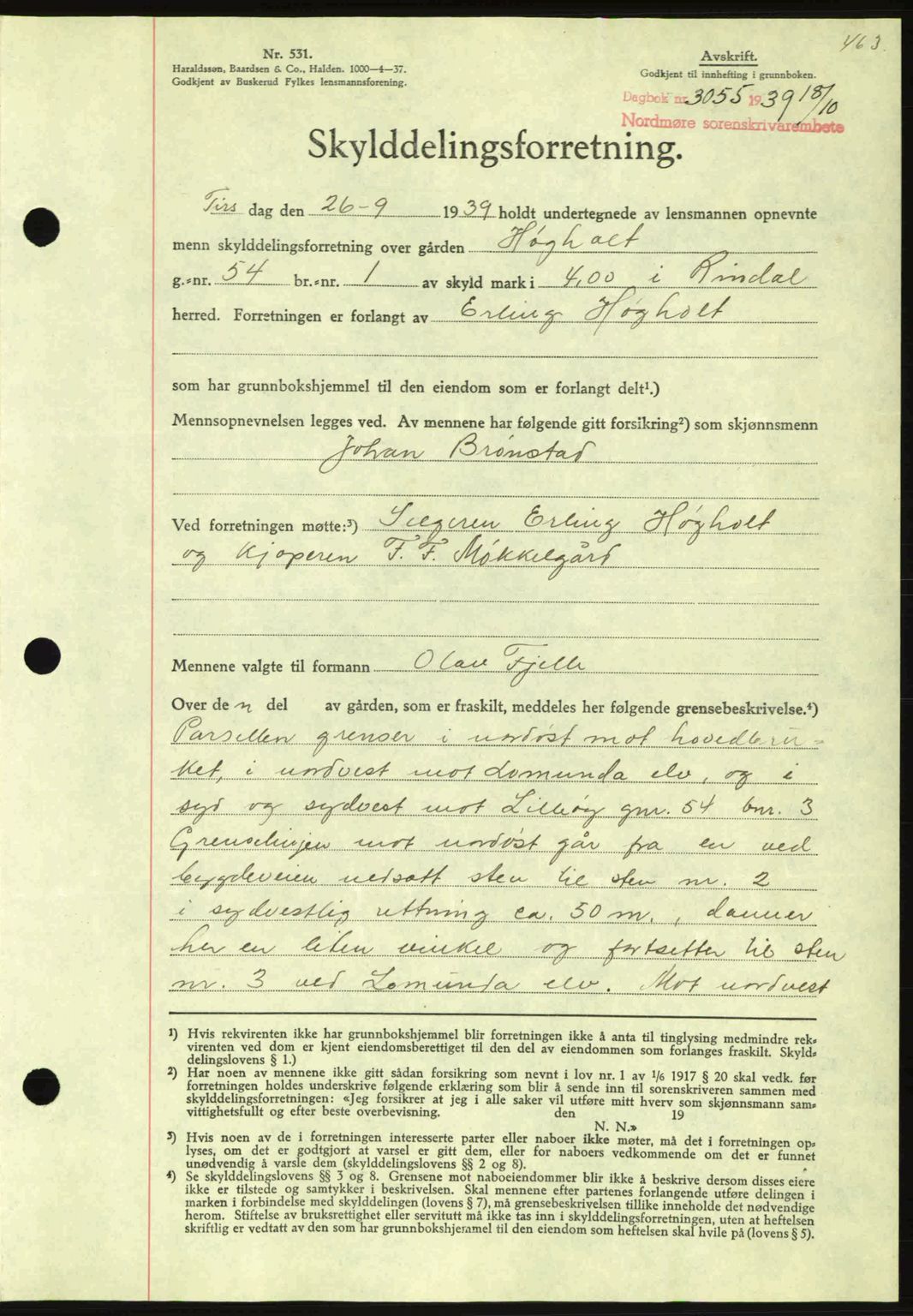 Nordmøre sorenskriveri, AV/SAT-A-4132/1/2/2Ca: Mortgage book no. A87, 1939-1940, Diary no: : 3055/1939