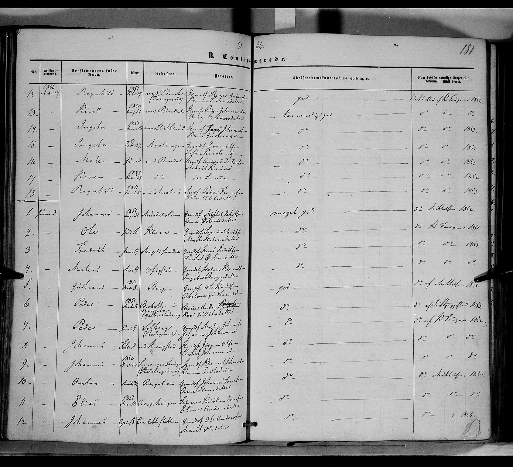 Øyer prestekontor, AV/SAH-PREST-084/H/Ha/Haa/L0006: Parish register (official) no. 6, 1858-1874, p. 181