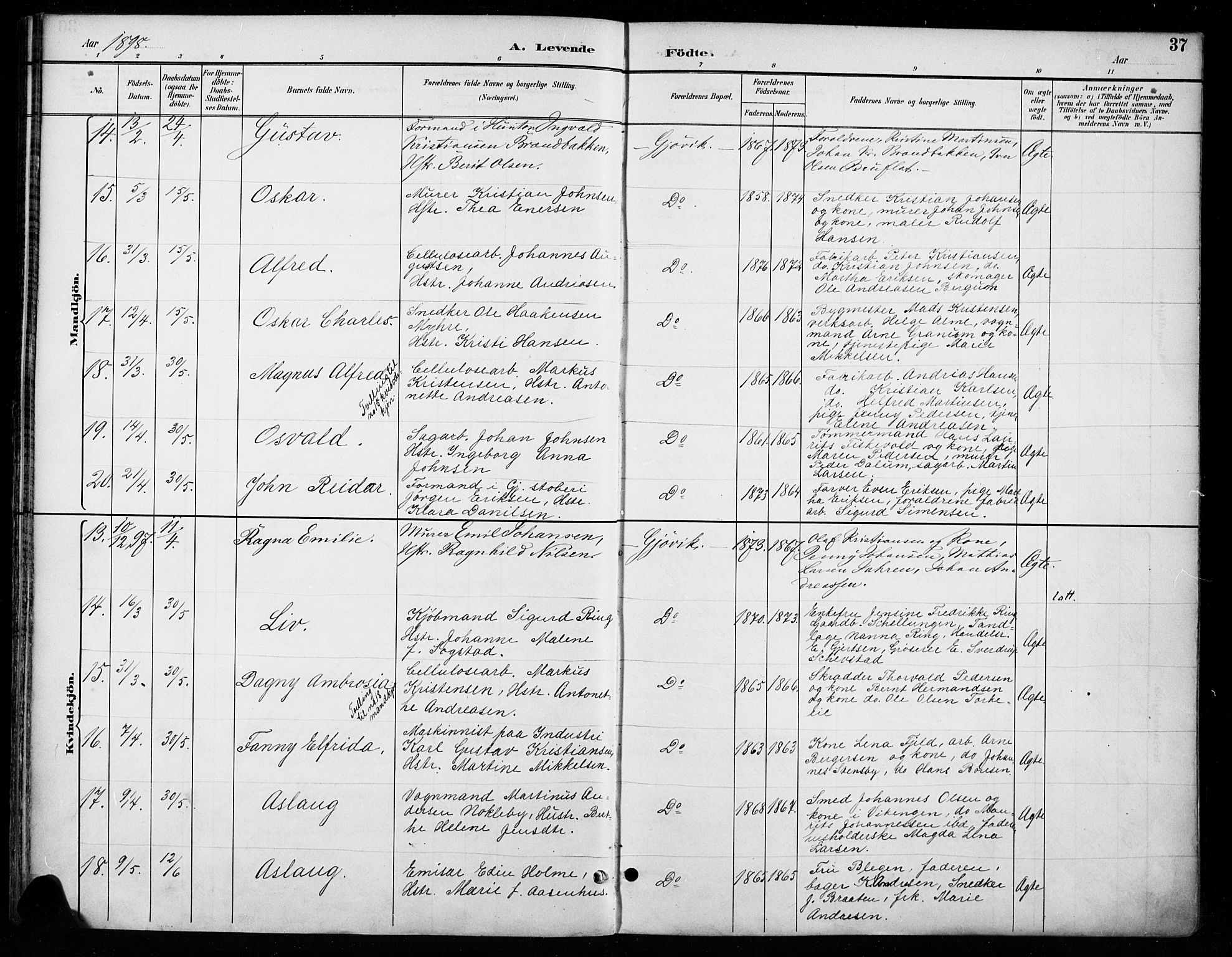 Vardal prestekontor, SAH/PREST-100/H/Ha/Haa/L0011: Parish register (official) no. 11, 1891-1901, p. 37