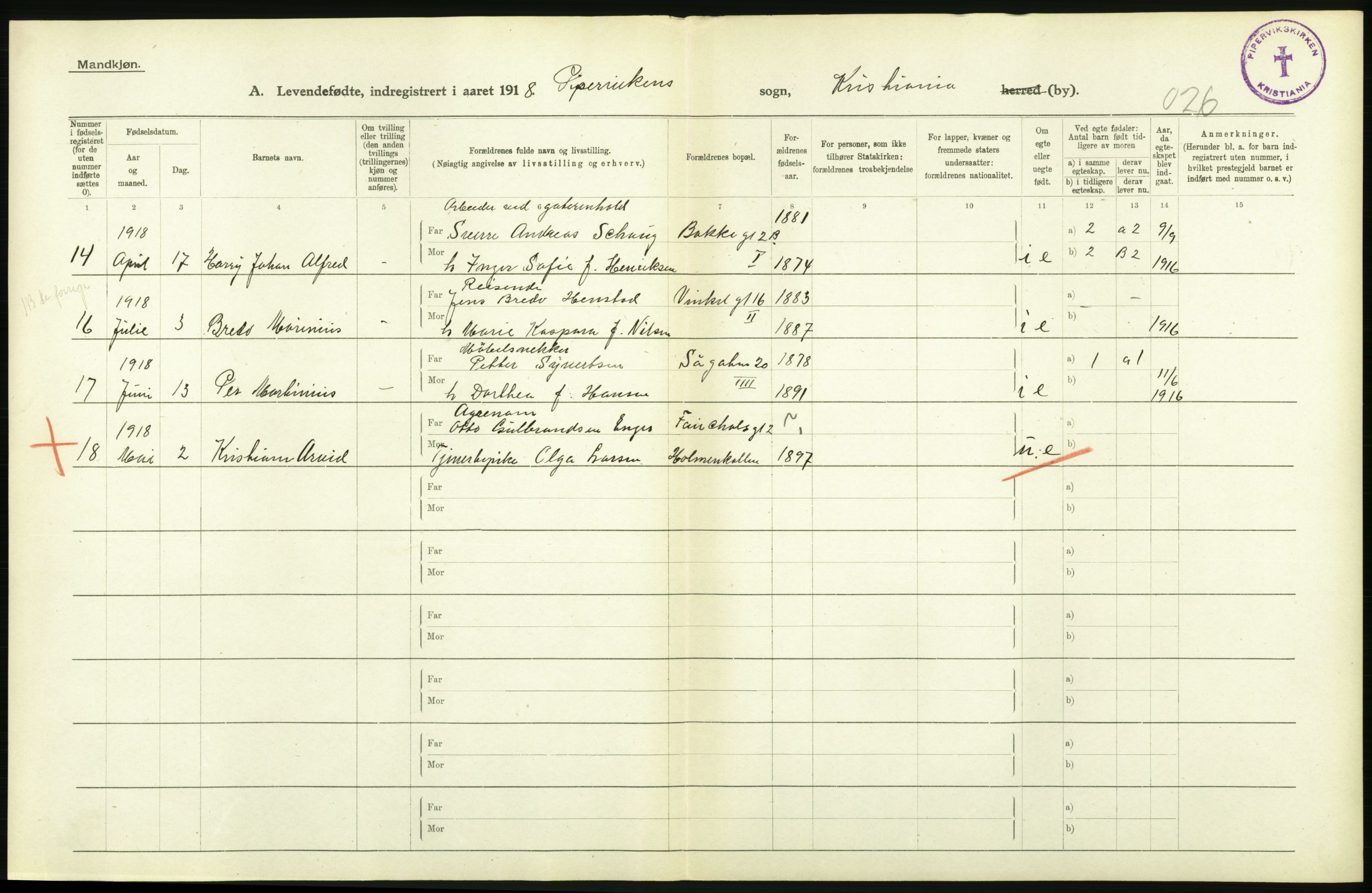 Statistisk sentralbyrå, Sosiodemografiske emner, Befolkning, AV/RA-S-2228/D/Df/Dfb/Dfbh/L0008: Kristiania: Levendefødte menn og kvinner., 1918, p. 208