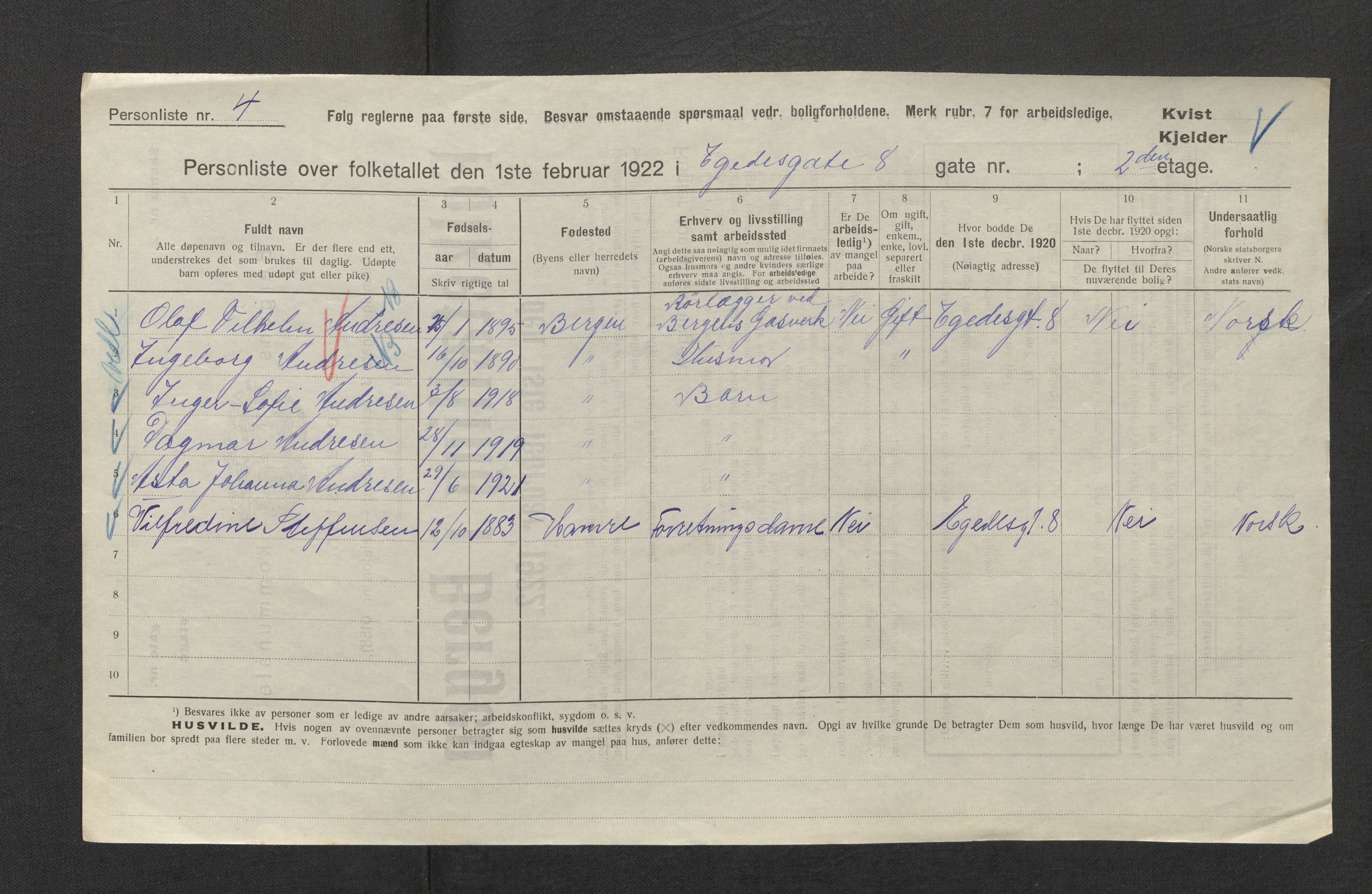 SAB, Municipal Census 1922 for Bergen, 1922, p. 6512