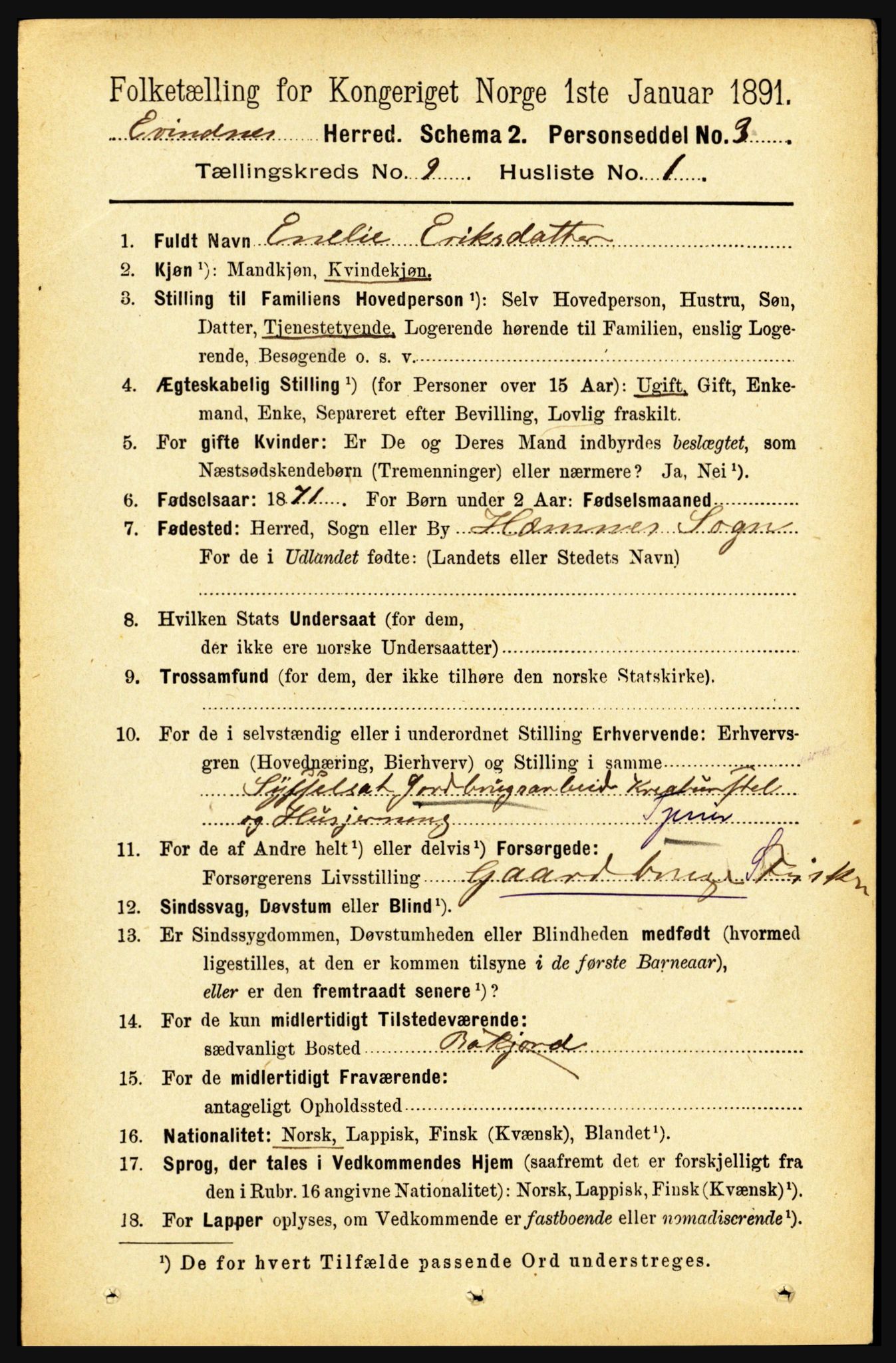 RA, 1891 census for 1853 Evenes, 1891, p. 2805