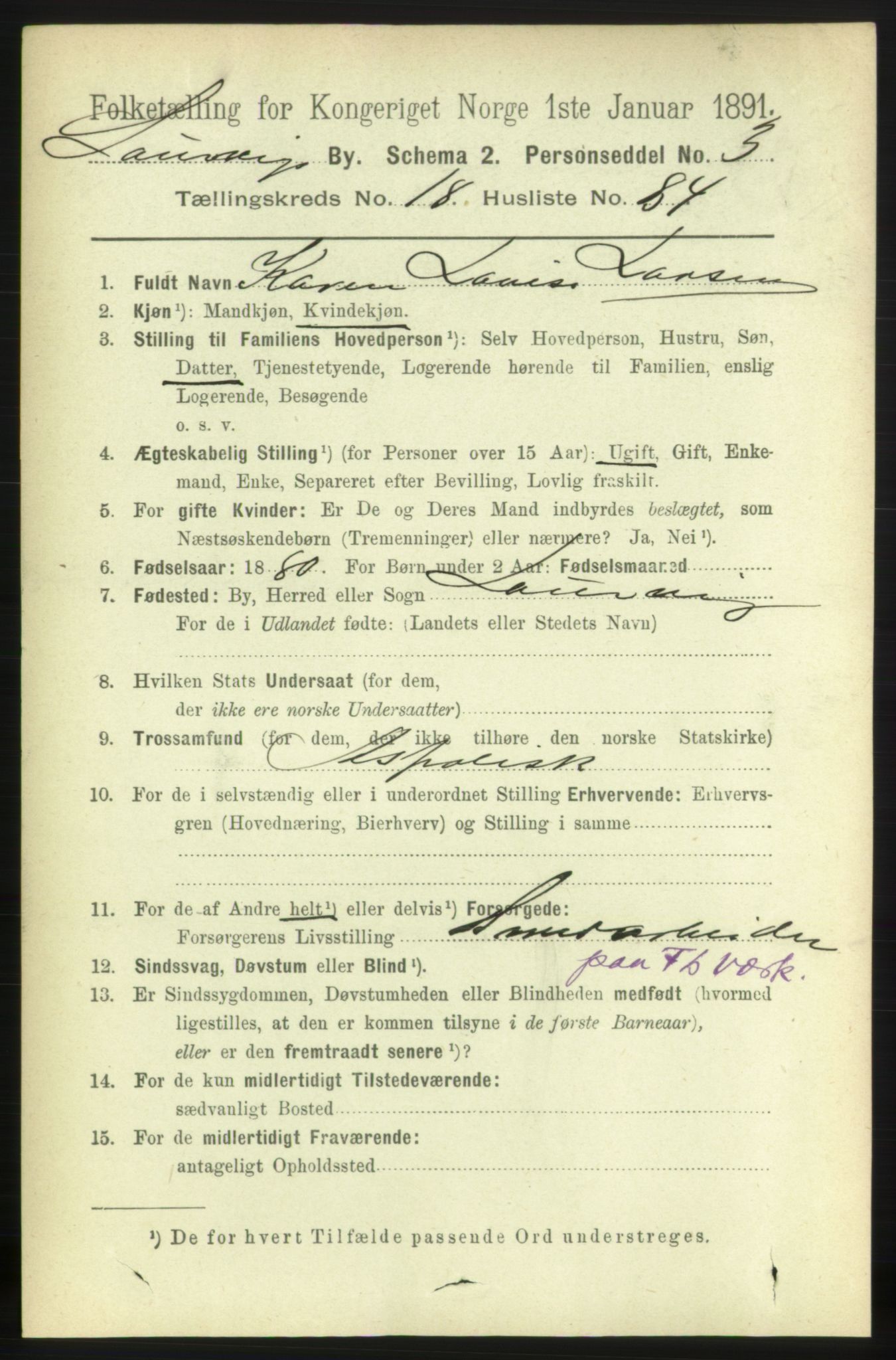 RA, 1891 census for 0707 Larvik, 1891, p. 13938