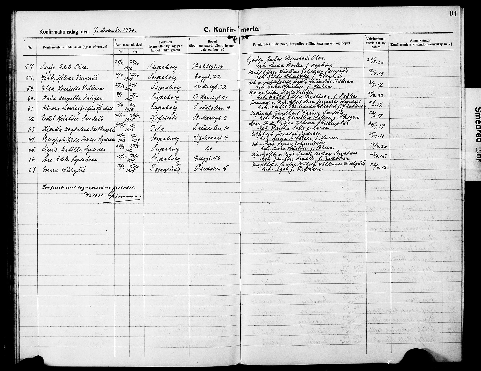 Sarpsborg prestekontor Kirkebøker, AV/SAO-A-2006/G/Ga/L0003: Parish register (copy) no. 3, 1922-1931, p. 91