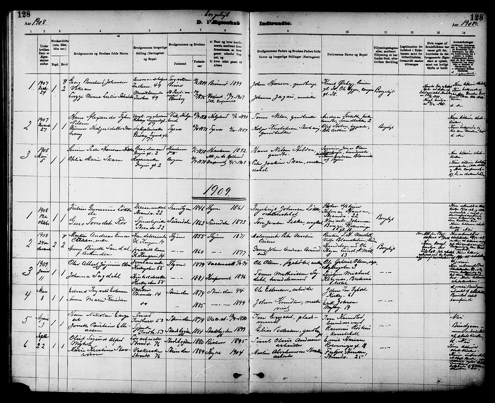 Ministerialprotokoller, klokkerbøker og fødselsregistre - Sør-Trøndelag, AV/SAT-A-1456/605/L0255: Parish register (copy) no. 605C02, 1908-1918, p. 128