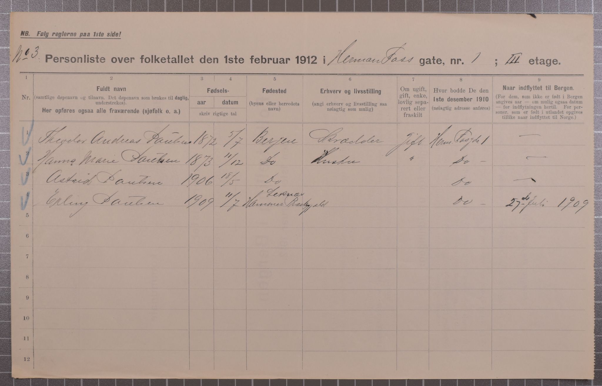 SAB, Municipal Census 1912 for Bergen, 1912, p. 2907