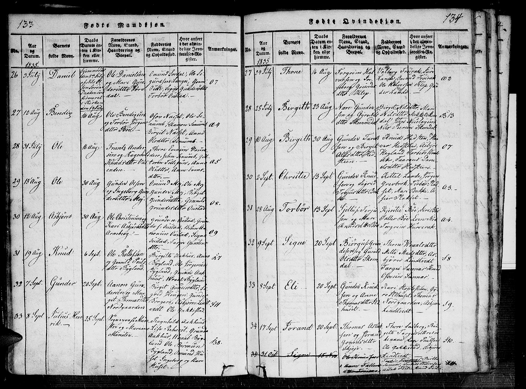 Bygland sokneprestkontor, SAK/1111-0006/F/Fa/Fab/L0003: Parish register (official) no. A 3, 1816-1841, p. 133-134