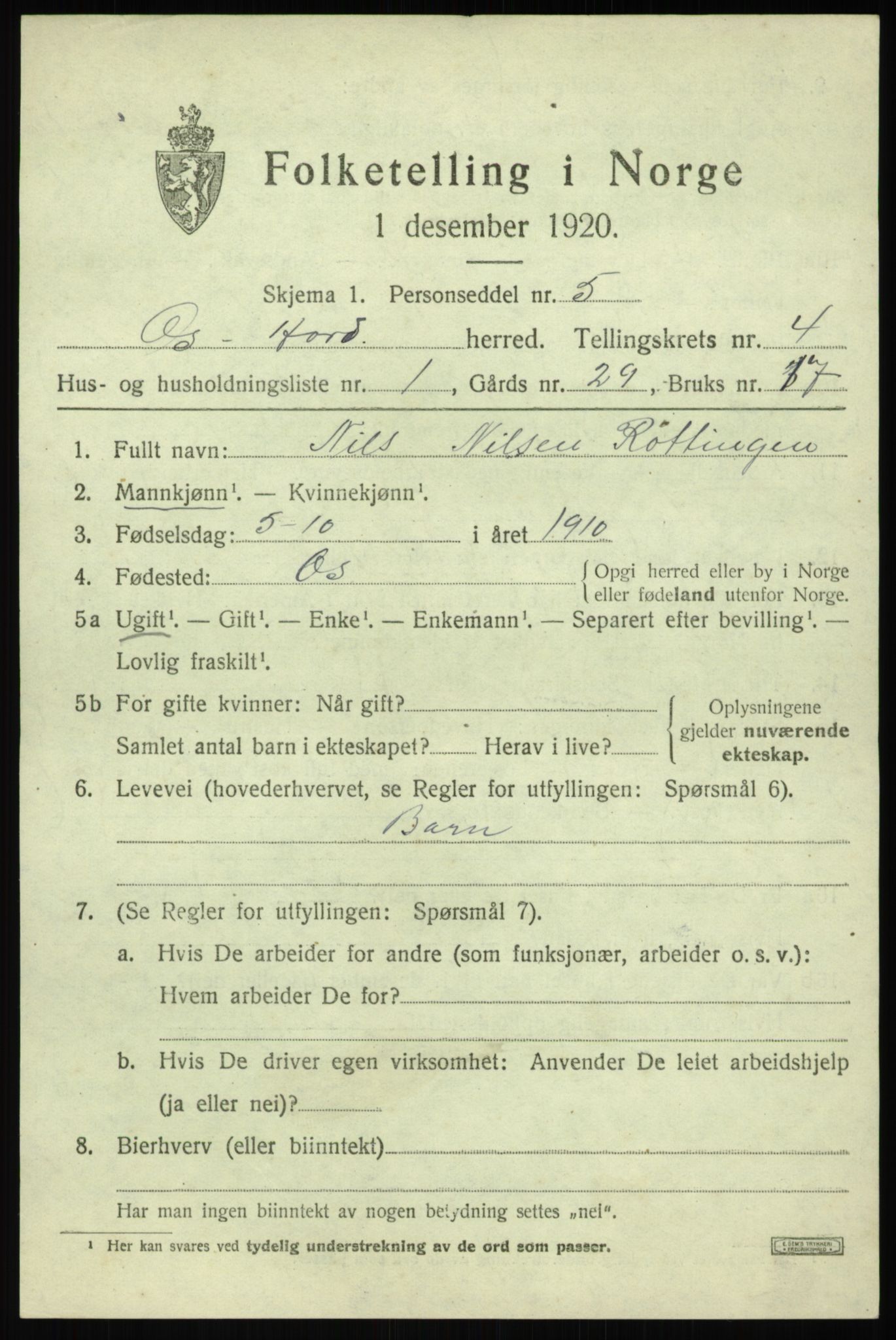 SAB, 1920 census for Os, 1920, p. 2958